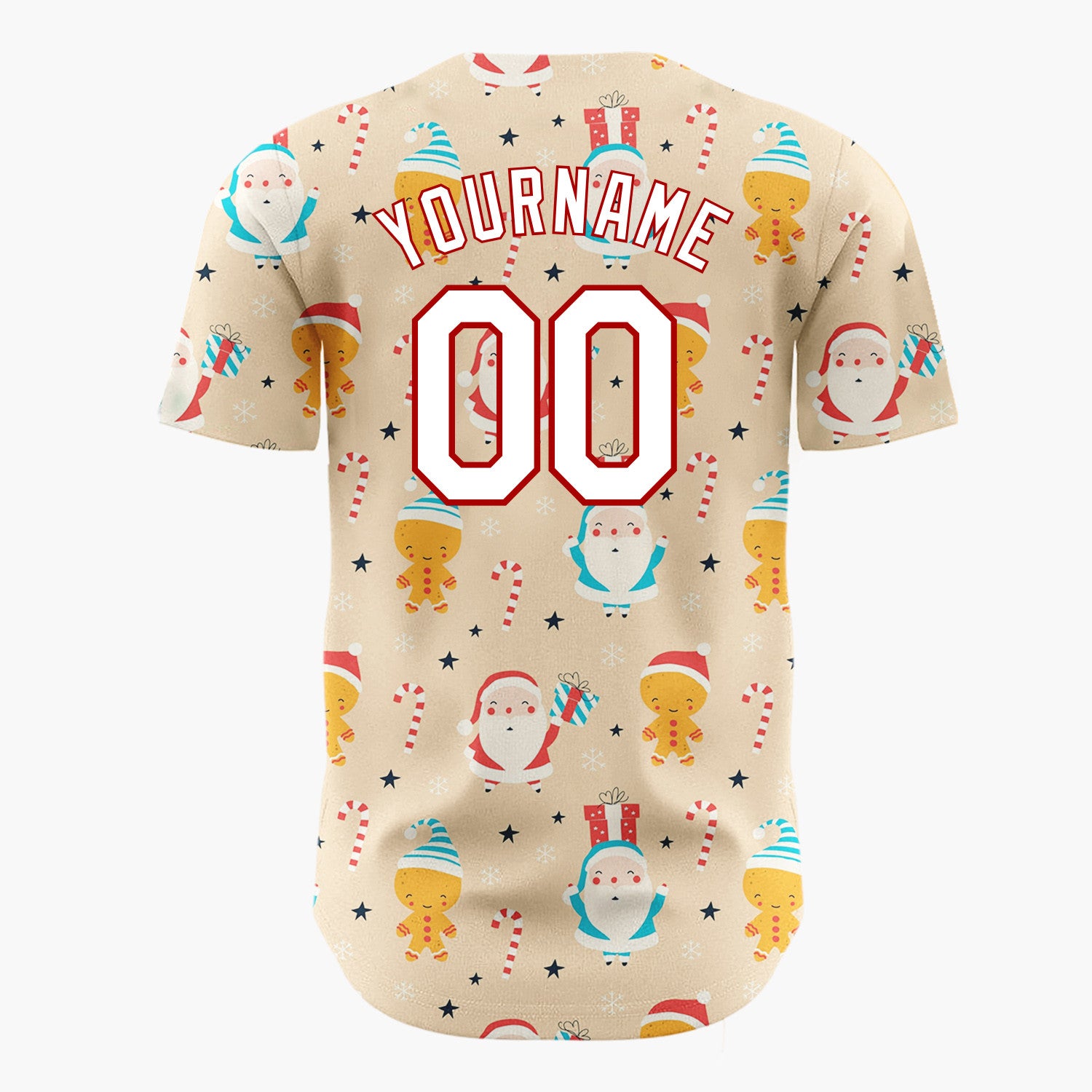 Custom Tan Red Santa Gingerbread Man Candy Cane Christmas Baseball Jersey