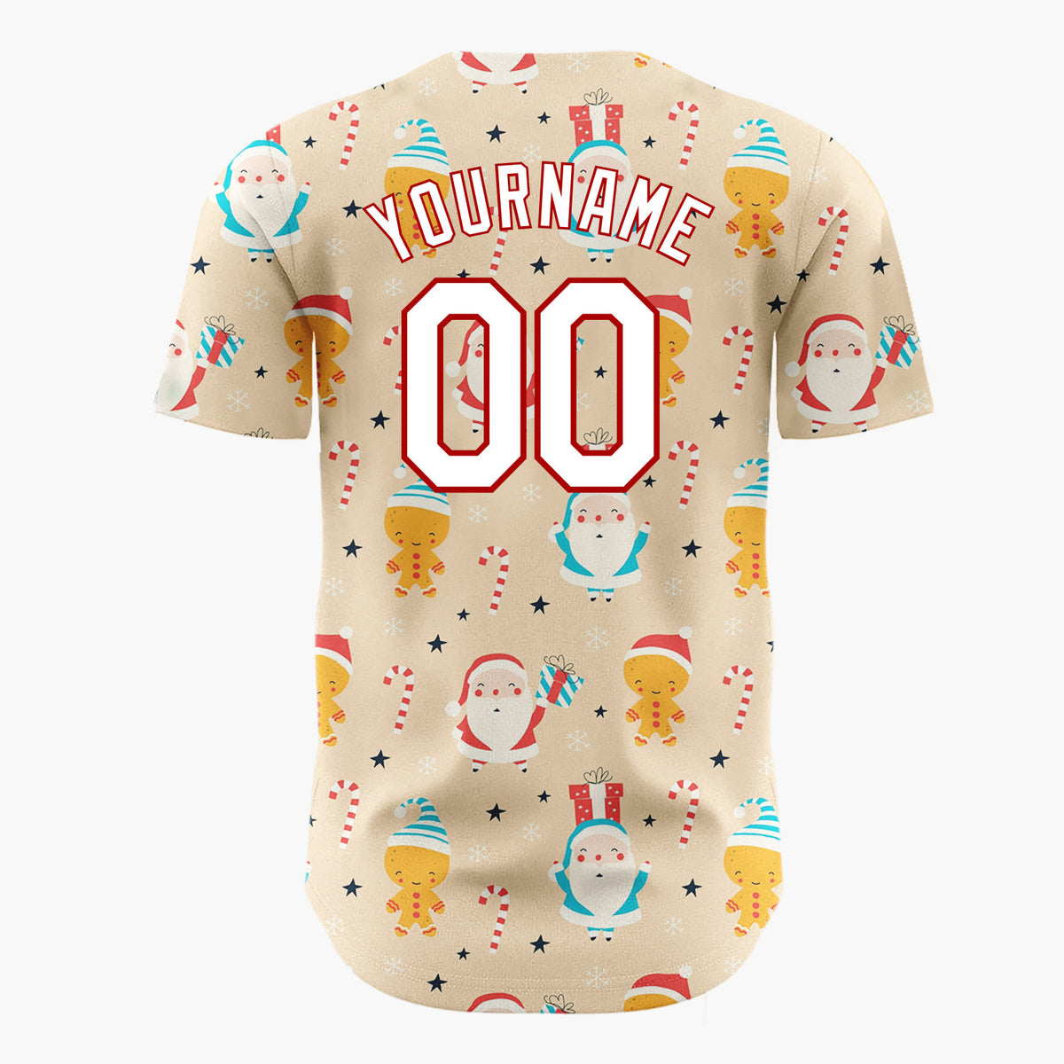 Custom Tan Red Santa Gingerbread Man Candy Cane Christmas Baseball Jersey