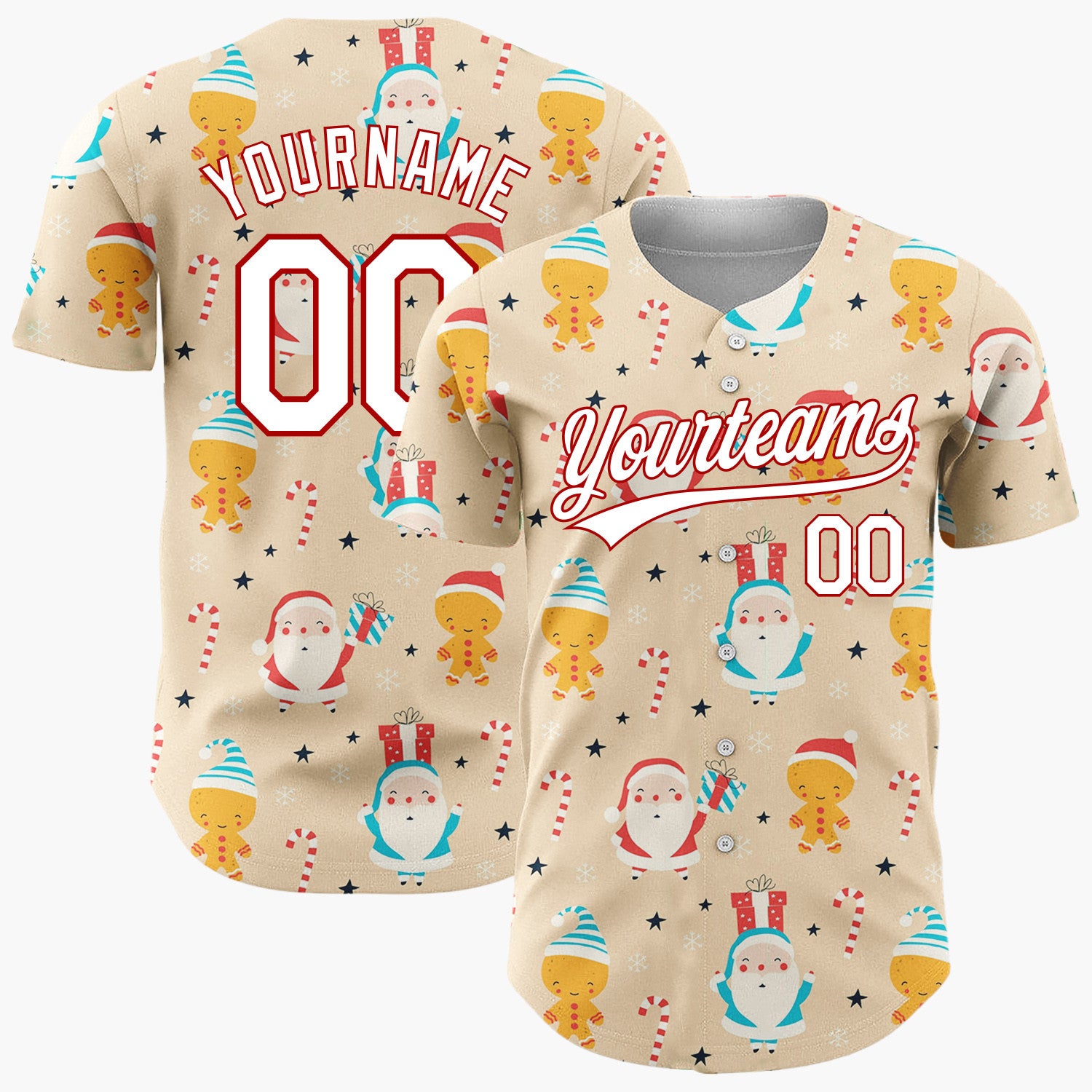 Custom Tan Red Santa Gingerbread Man Candy Cane Christmas Baseball Jersey