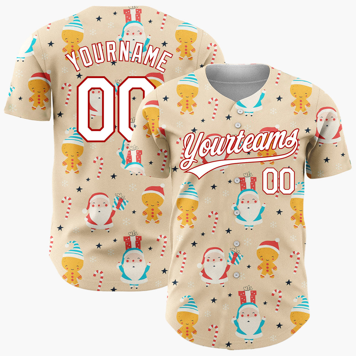 Custom Tan Red Santa Gingerbread Man Candy Cane Christmas Baseball Jersey