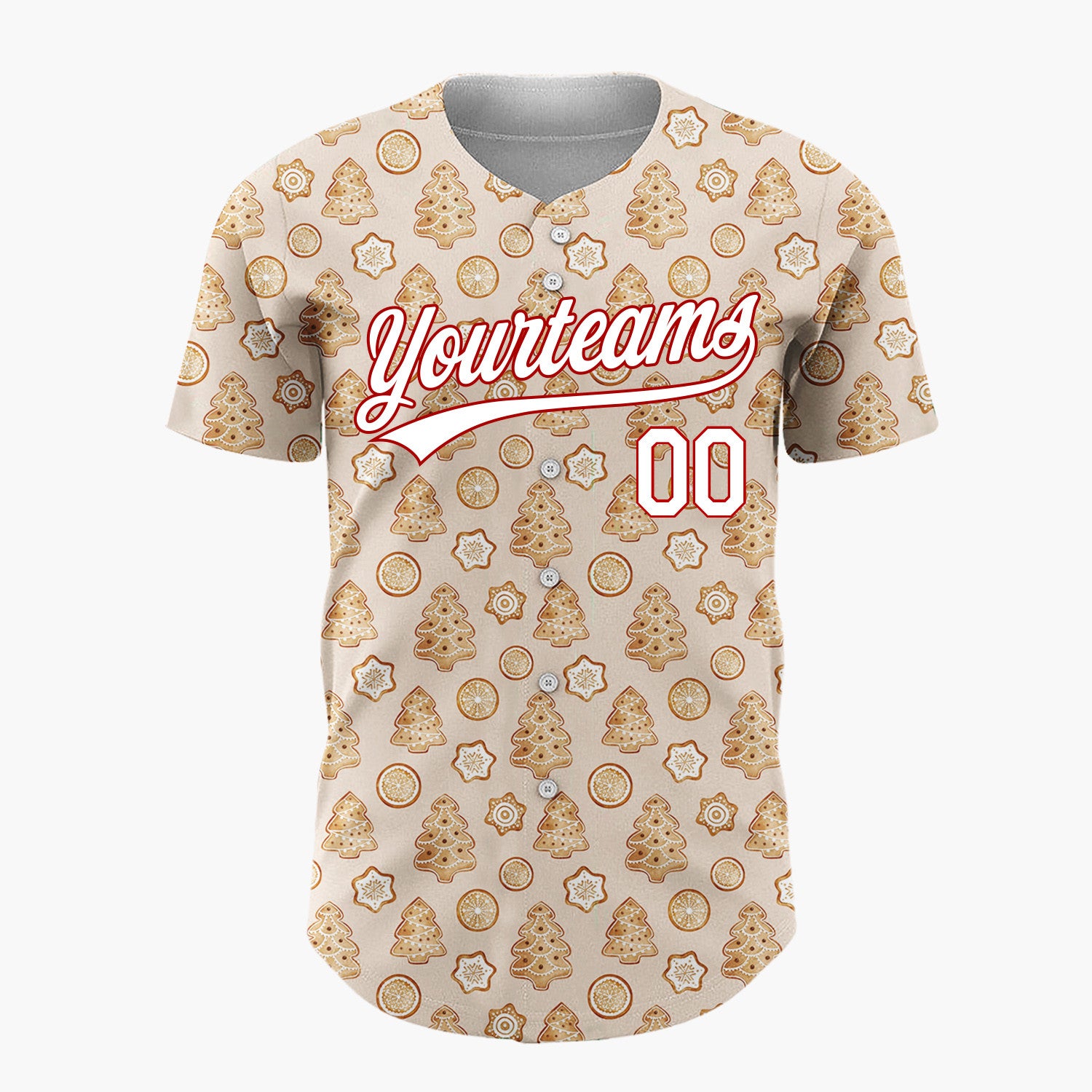 Custom Tan Gingerbread Trees And Oranges Baked Goods Pattern Christmas Baseball Jersey