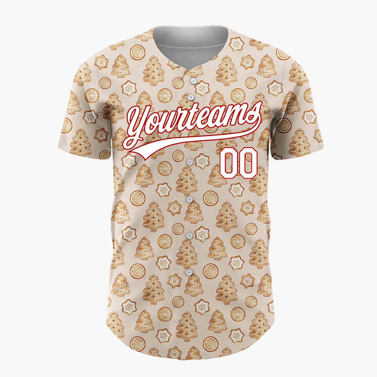 Custom Tan Gingerbread Trees And Oranges Baked Goods Pattern Christmas Baseball Jersey