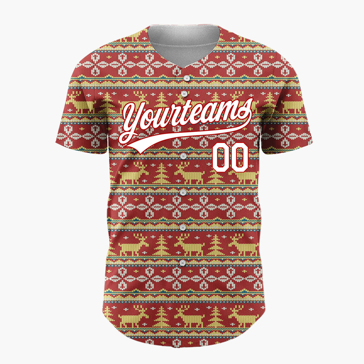 Custom Red Yellow White Reindeers Trees And Snowflakes Nordic Fair Isle Pattern Christmas Baseball Jersey