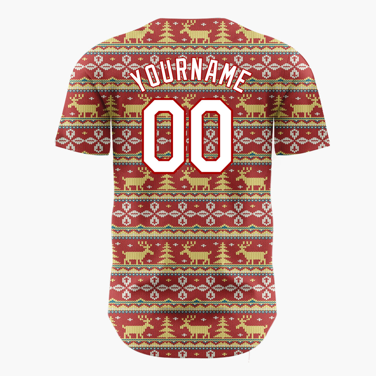 Custom Red Yellow White Reindeers Trees And Snowflakes Nordic Fair Isle Pattern Christmas Baseball Jersey