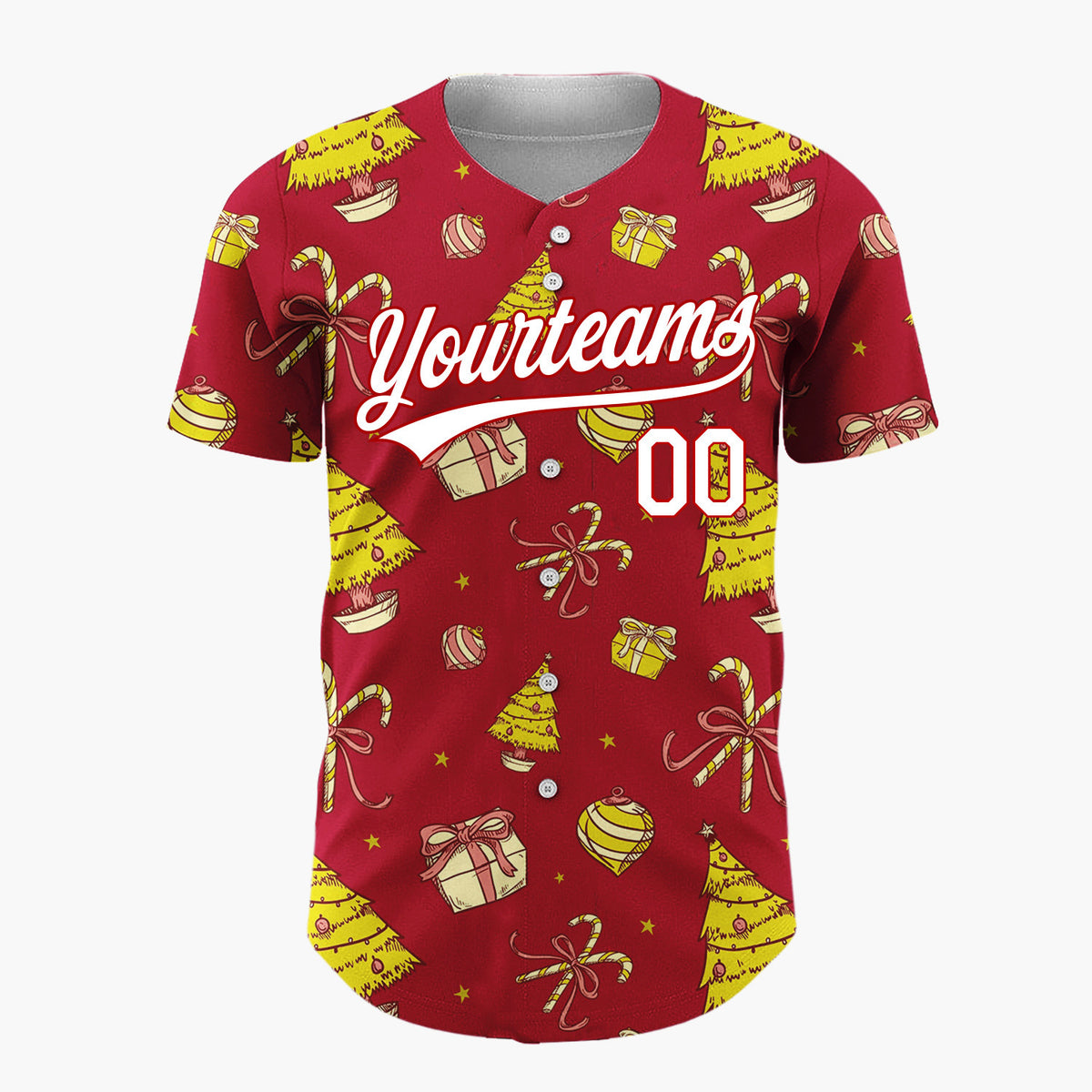Custom Red Yellow Trees Gifts And Baubles Christmas Sketch Pattern Christmas Baseball Jersey