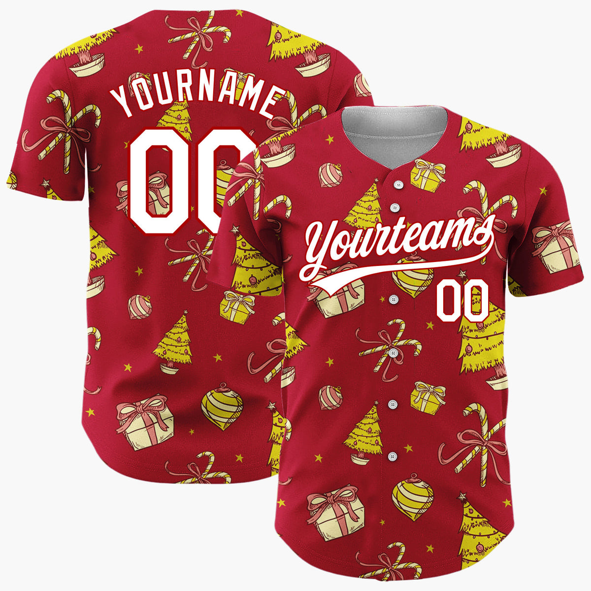 Custom Red Yellow Trees Gifts And Baubles Christmas Sketch Pattern Christmas Baseball Jersey
