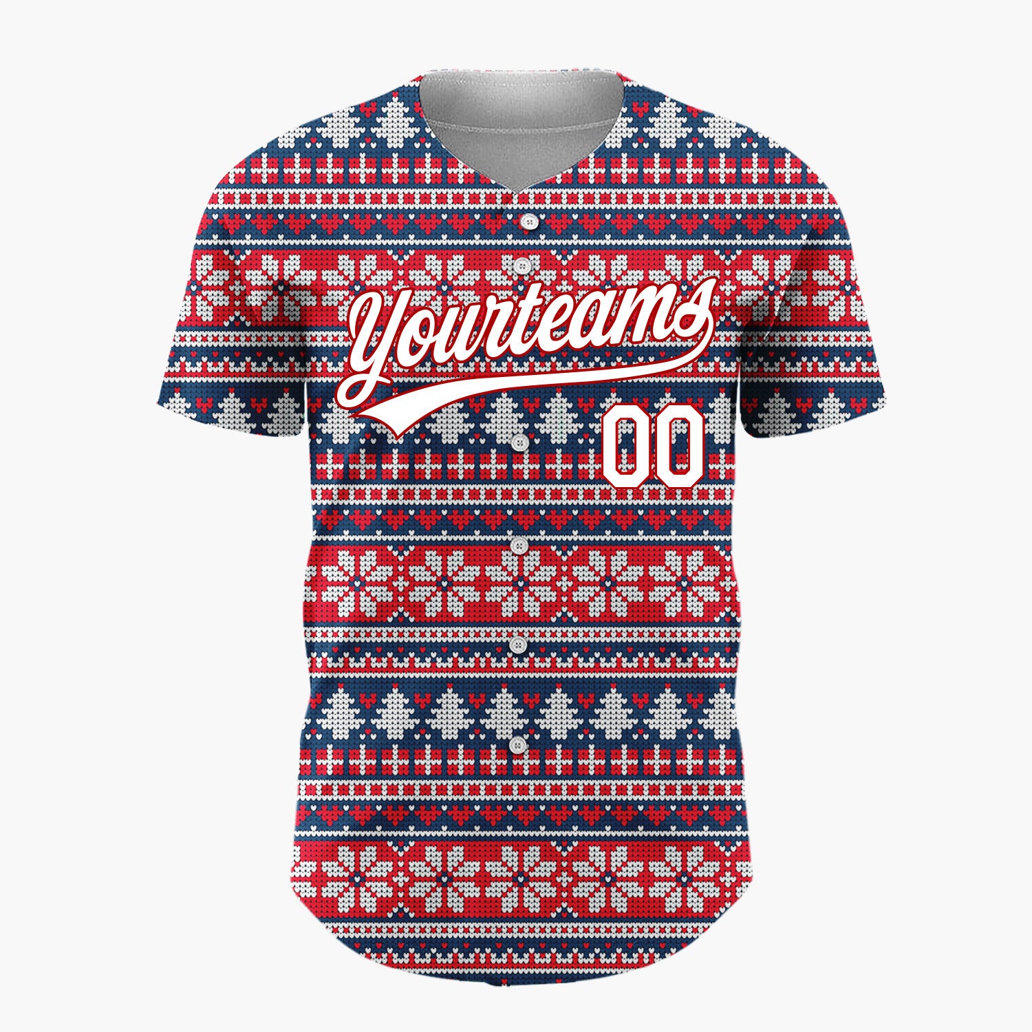 Custom Red White Trees And Snowflakes Nordic Fair Isle Knit Pattern Christmas Baseball Jersey