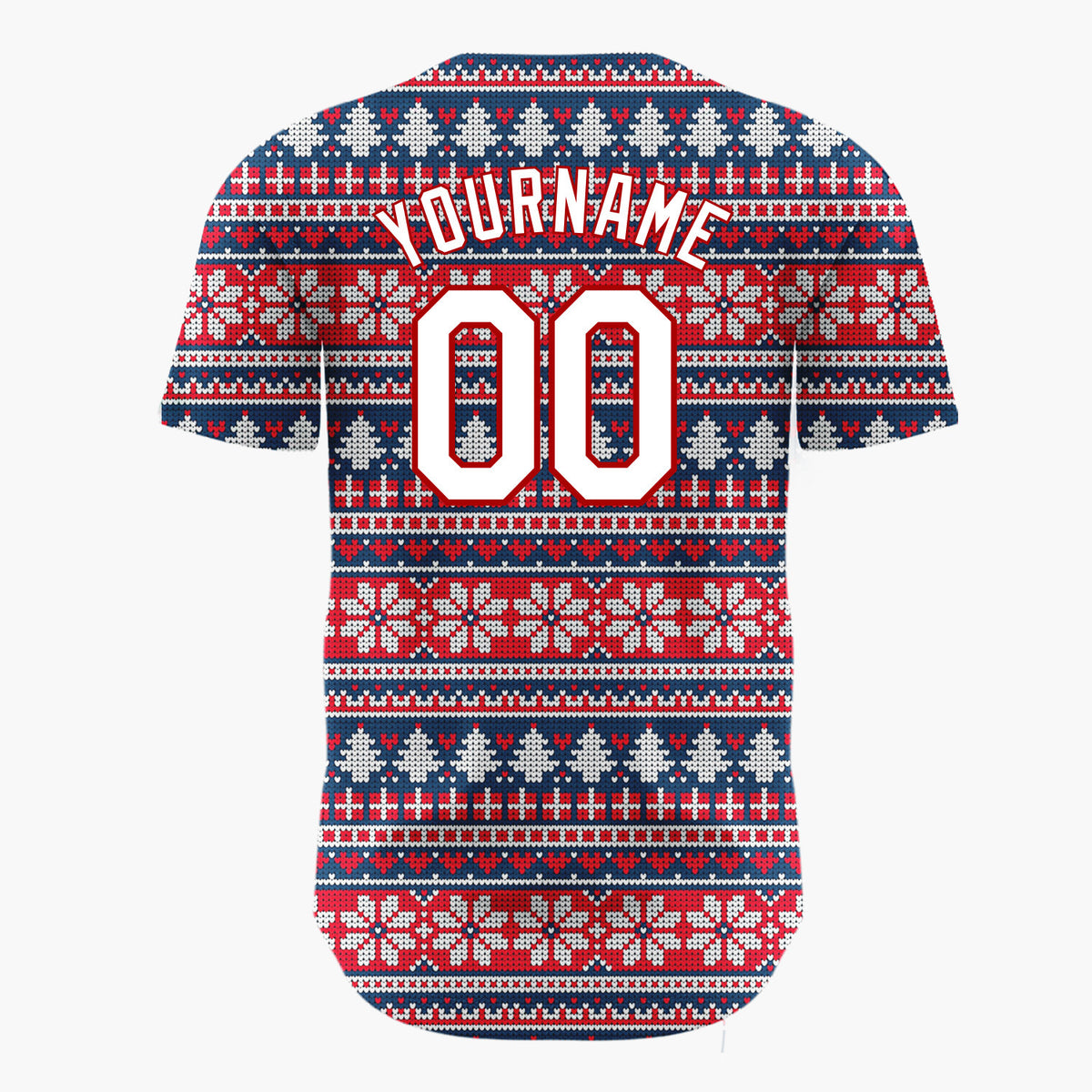 Custom Red White Trees And Snowflakes Nordic Fair Isle Knit Pattern Christmas Baseball Jersey