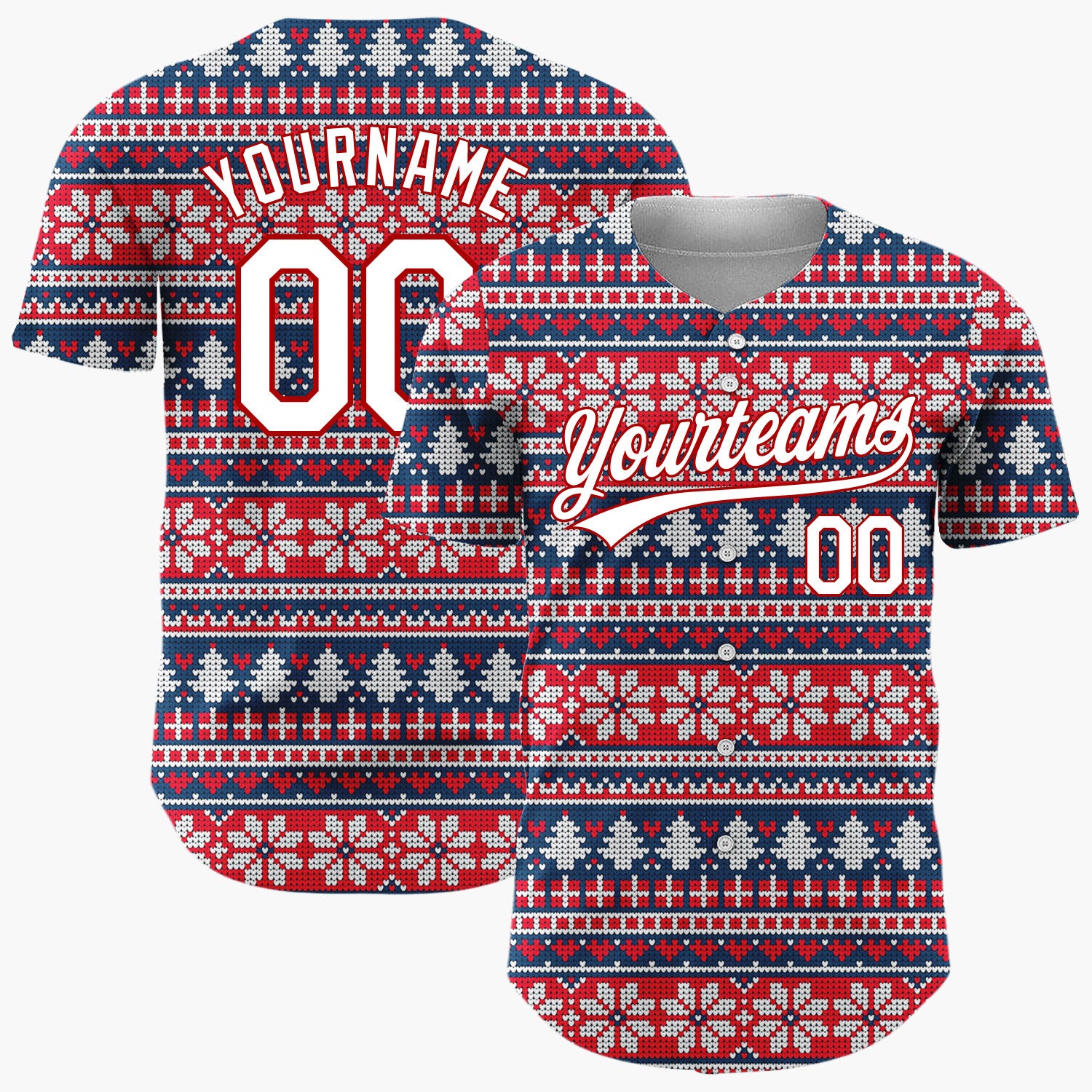 Custom Red White Trees And Snowflakes Nordic Fair Isle Knit Pattern Christmas Baseball Jersey