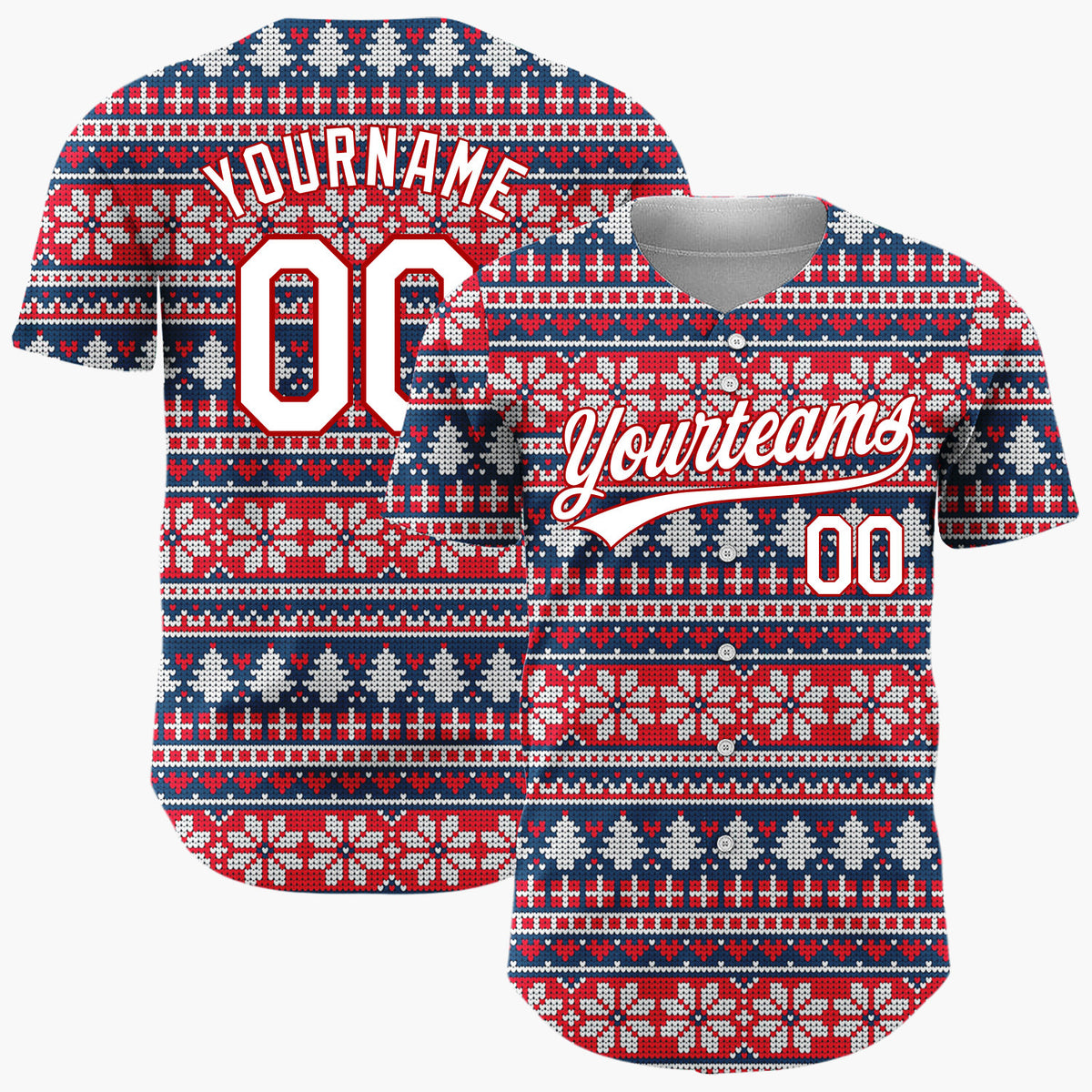 Custom Red White Trees And Snowflakes Nordic Fair Isle Knit Pattern Christmas Baseball Jersey