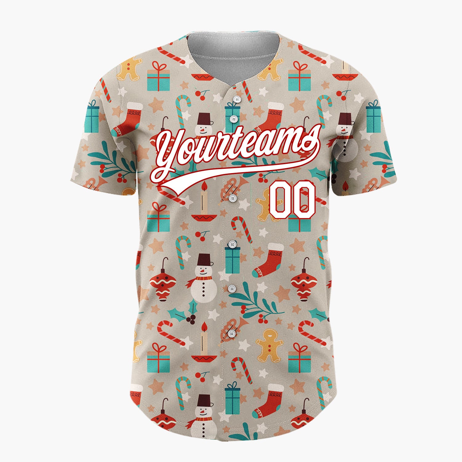 Custom Taupe Red Blue Gingerbread Men Snowmen And Holly Traditional Holiday Pattern Christmas Baseball Jersey