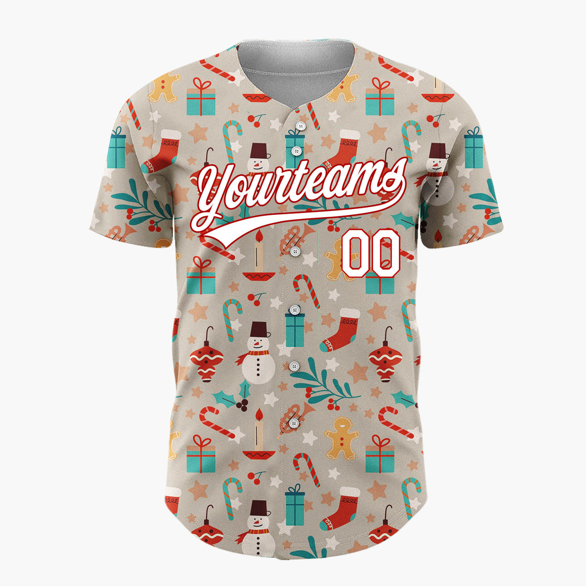 Custom Taupe Red Blue Gingerbread Men Snowmen And Holly Traditional Holiday Pattern Christmas Baseball Jersey