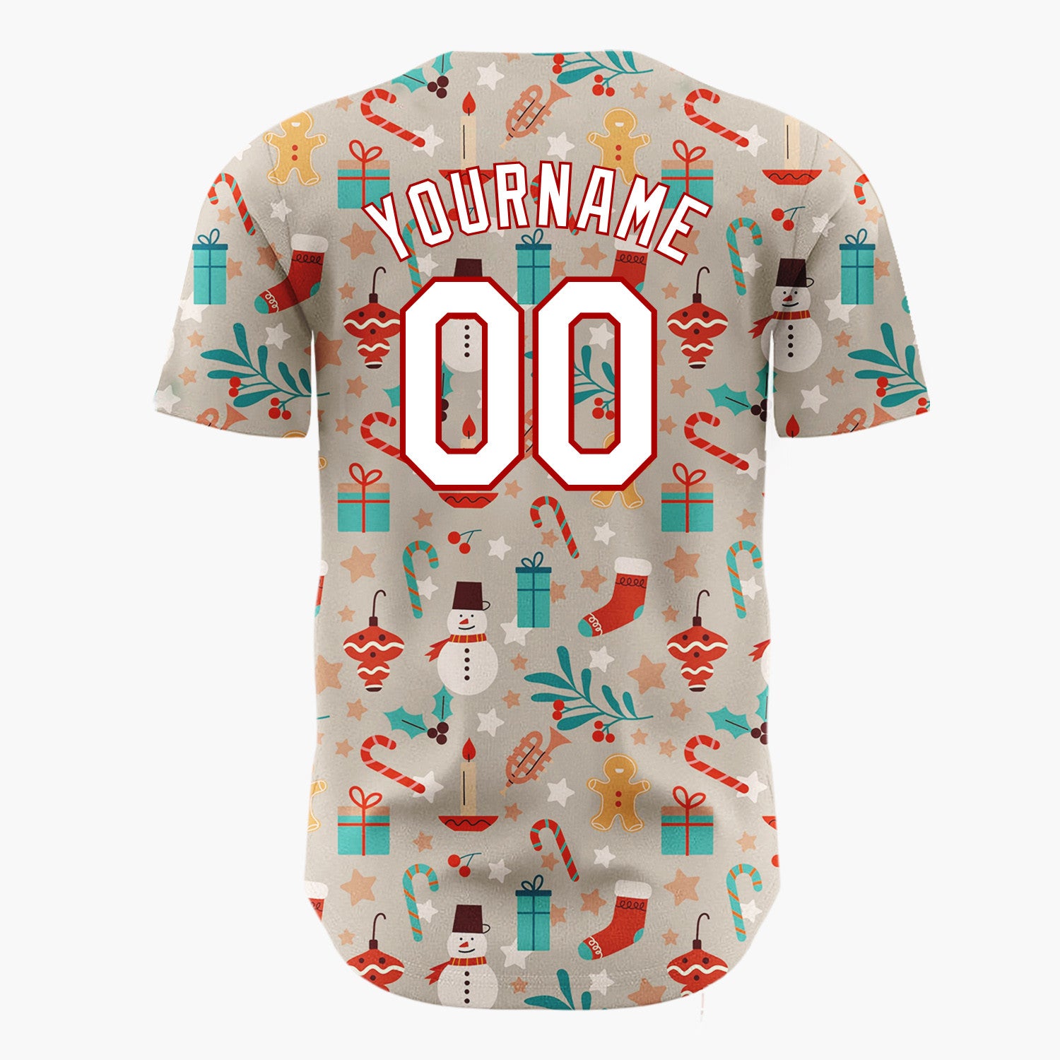 Custom Taupe Red Blue Gingerbread Men Snowmen And Holly Traditional Holiday Pattern Christmas Baseball Jersey