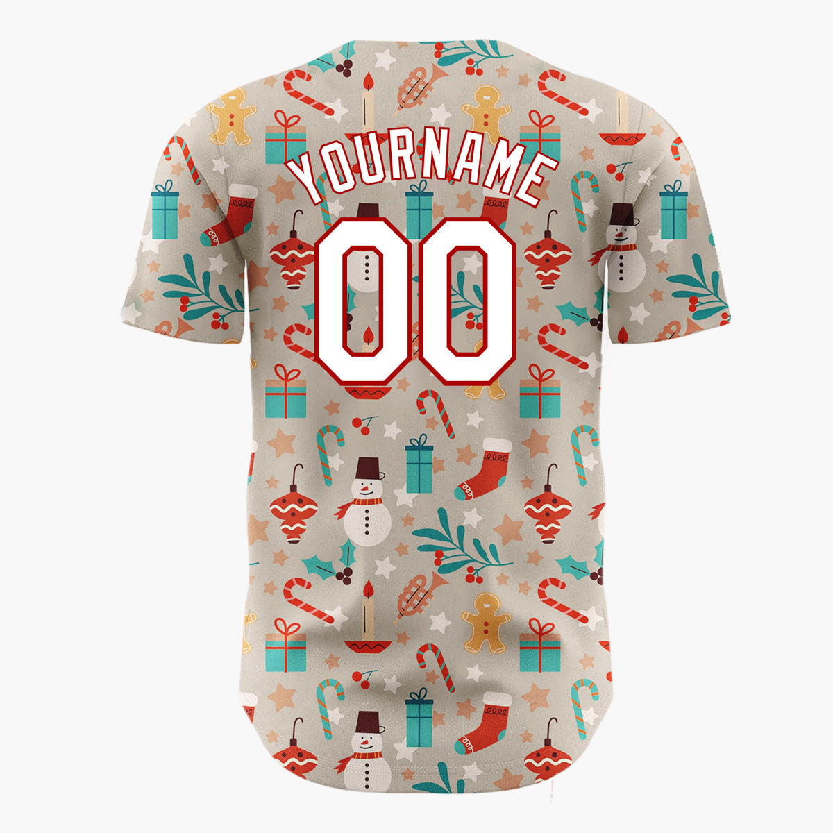 Custom Taupe Red Blue Gingerbread Men Snowmen And Holly Traditional Holiday Pattern Christmas Baseball Jersey
