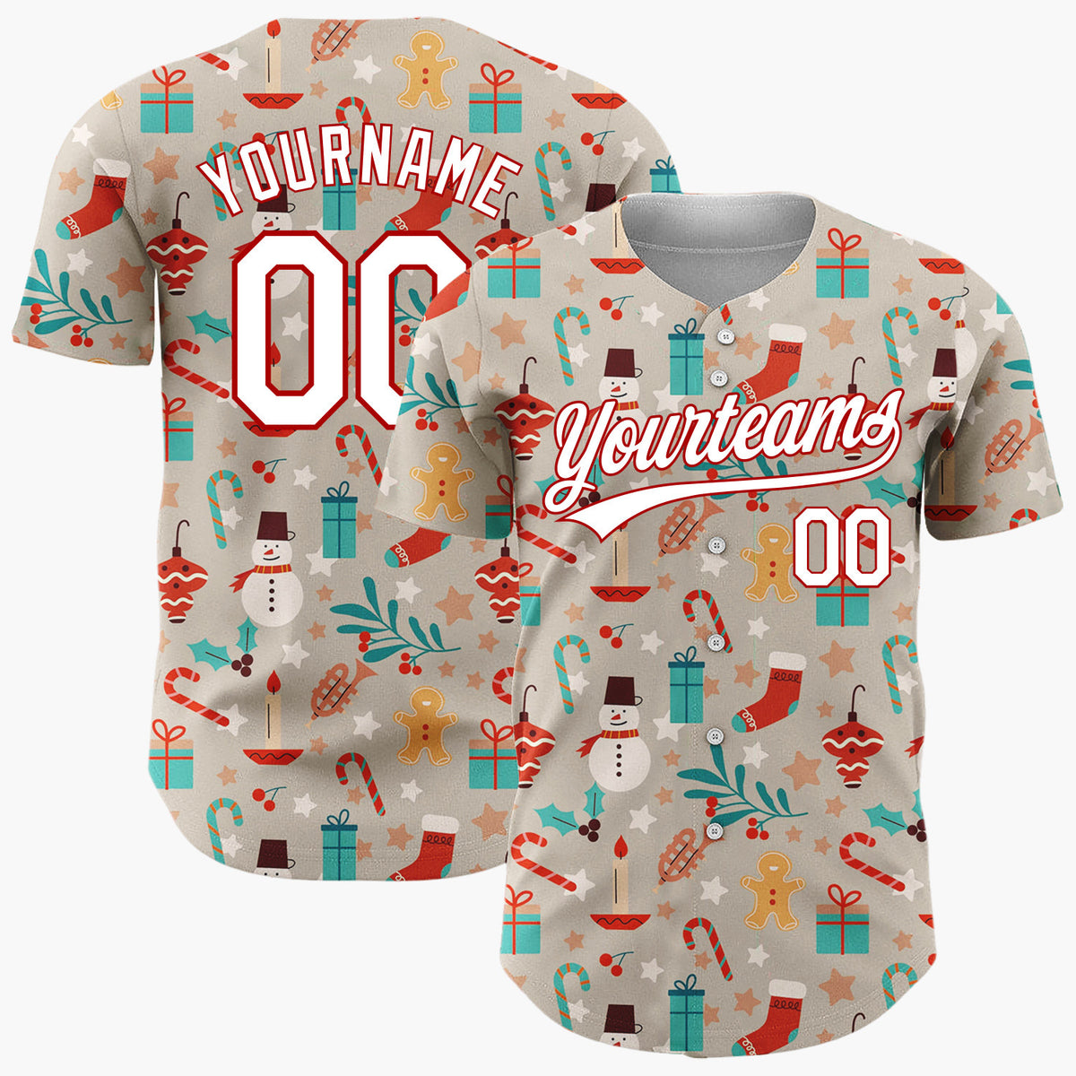 Custom Taupe Red Blue Gingerbread Men Snowmen And Holly Traditional Holiday Pattern Christmas Baseball Jersey