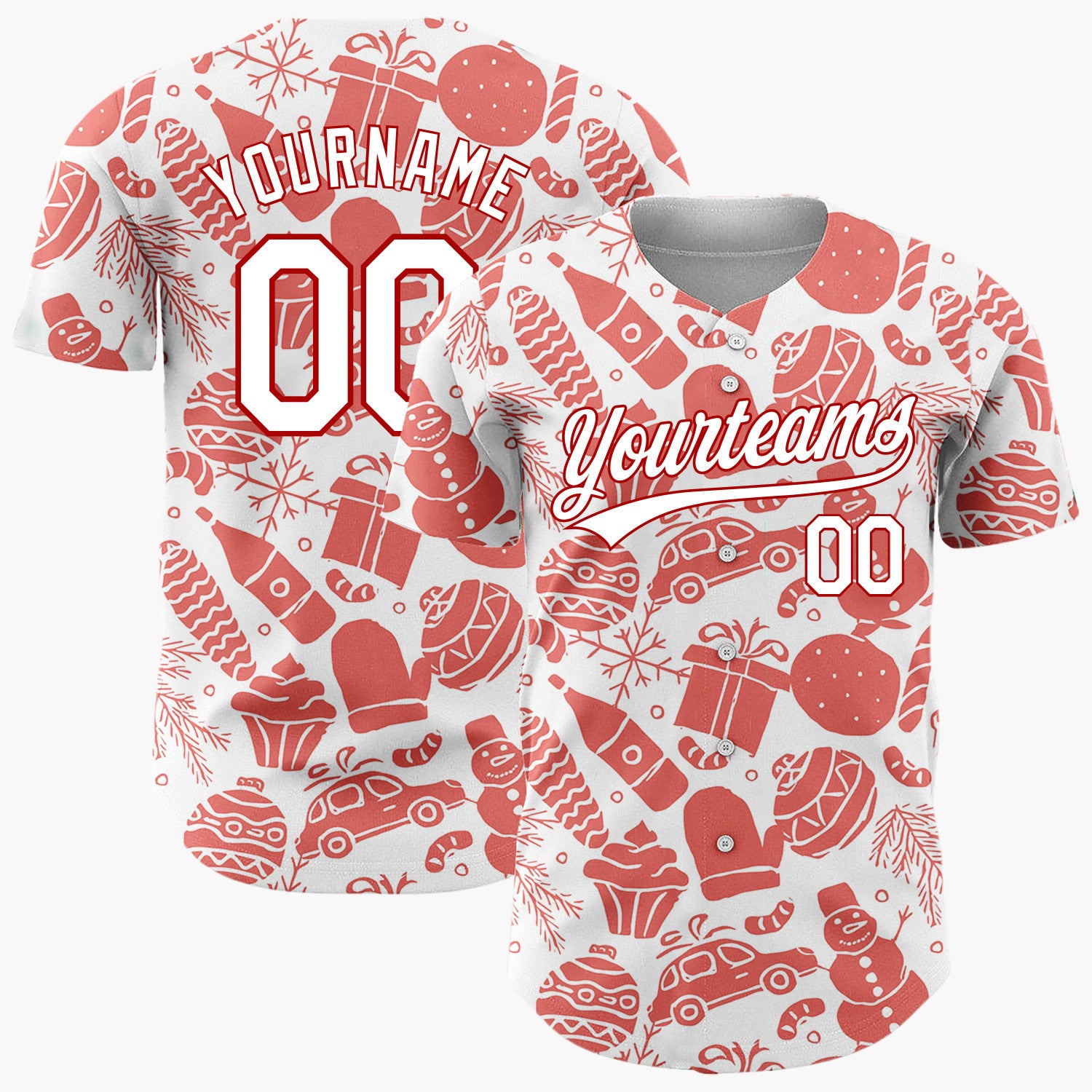 Custom White Red Christmas Doodle Sketch Pattern Christmas Baseball Jersey