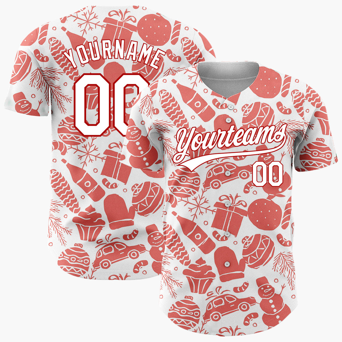 Custom White Red Christmas Doodle Sketch Pattern Christmas Baseball Jersey