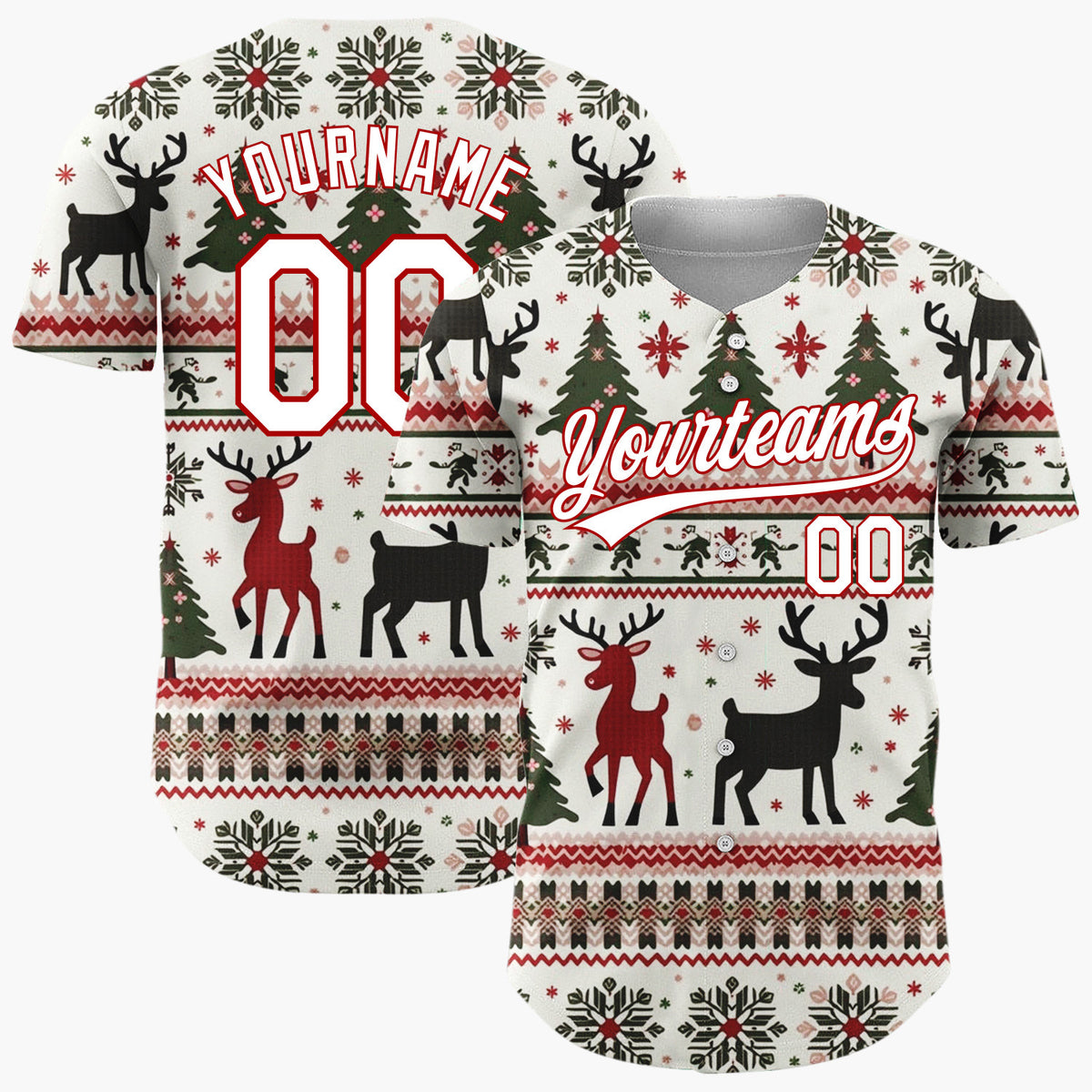 Custom White Nordic Reindeer Christmas Trees Nordic Pattern Christmas Baseball Jersey