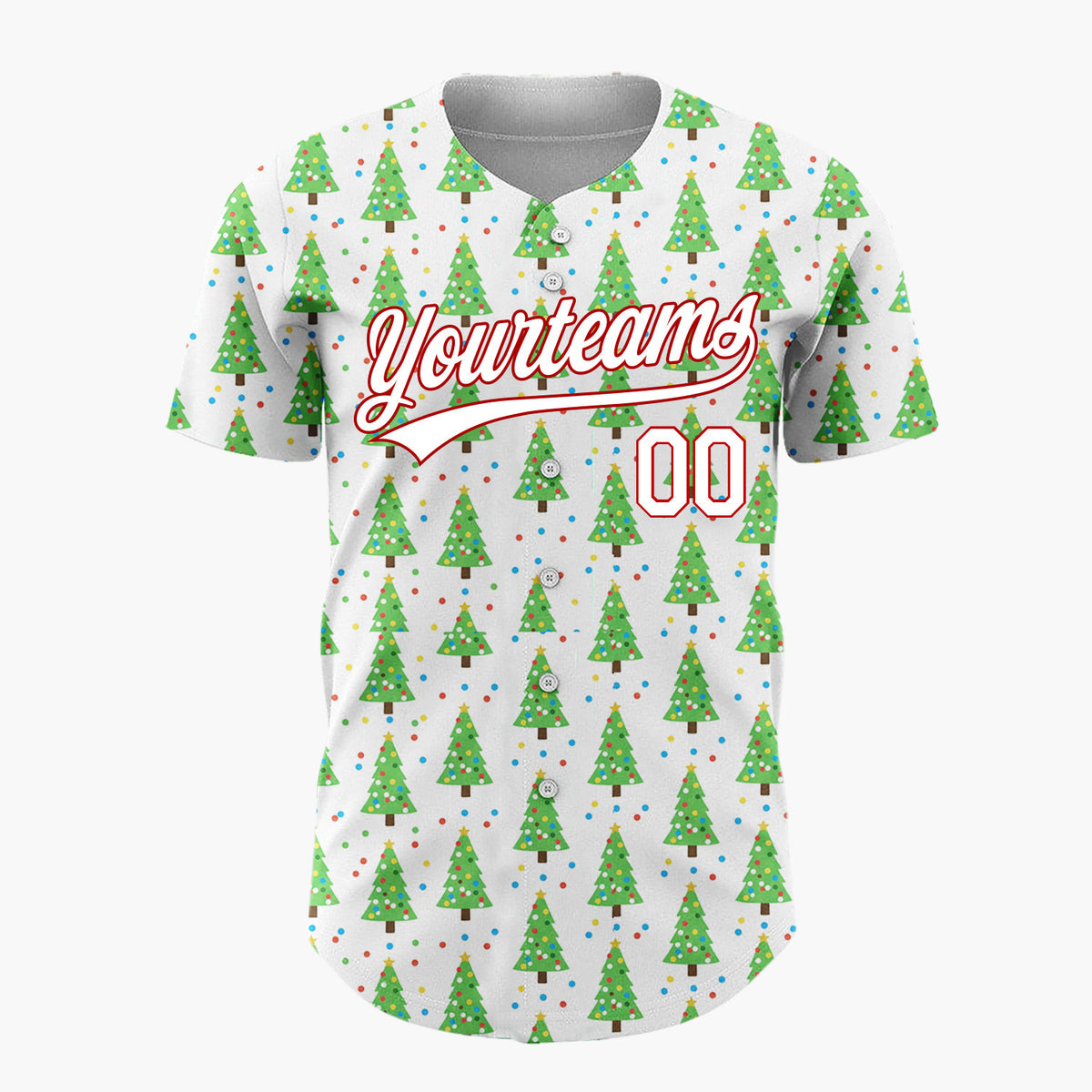 Custom White Green Christmas Trees With Colorful Dots Classic Holiday Pattern Christmas Baseball Jersey