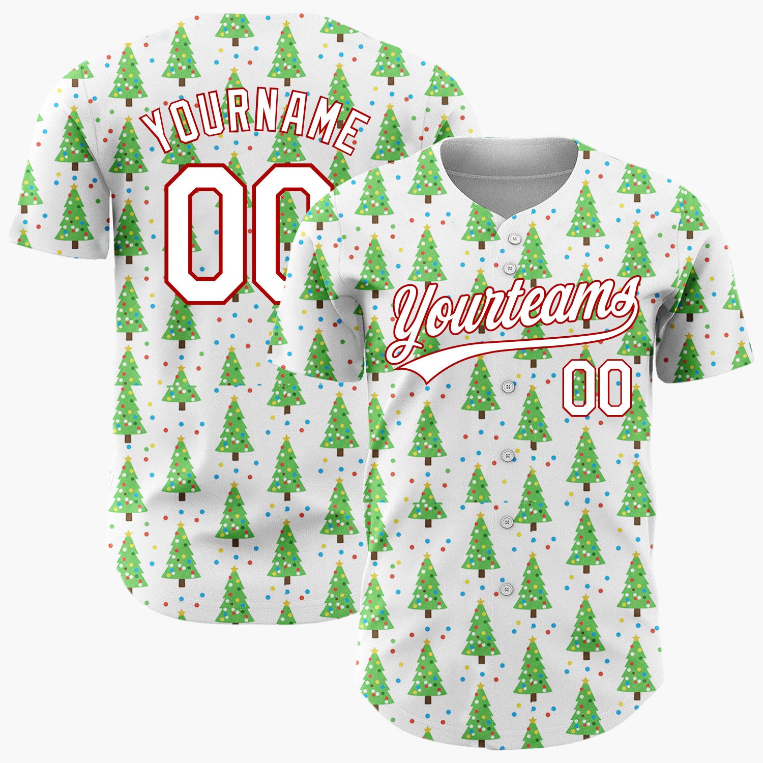 Custom White Green Christmas Trees With Colorful Dots Classic Holiday Pattern Christmas Baseball Jersey