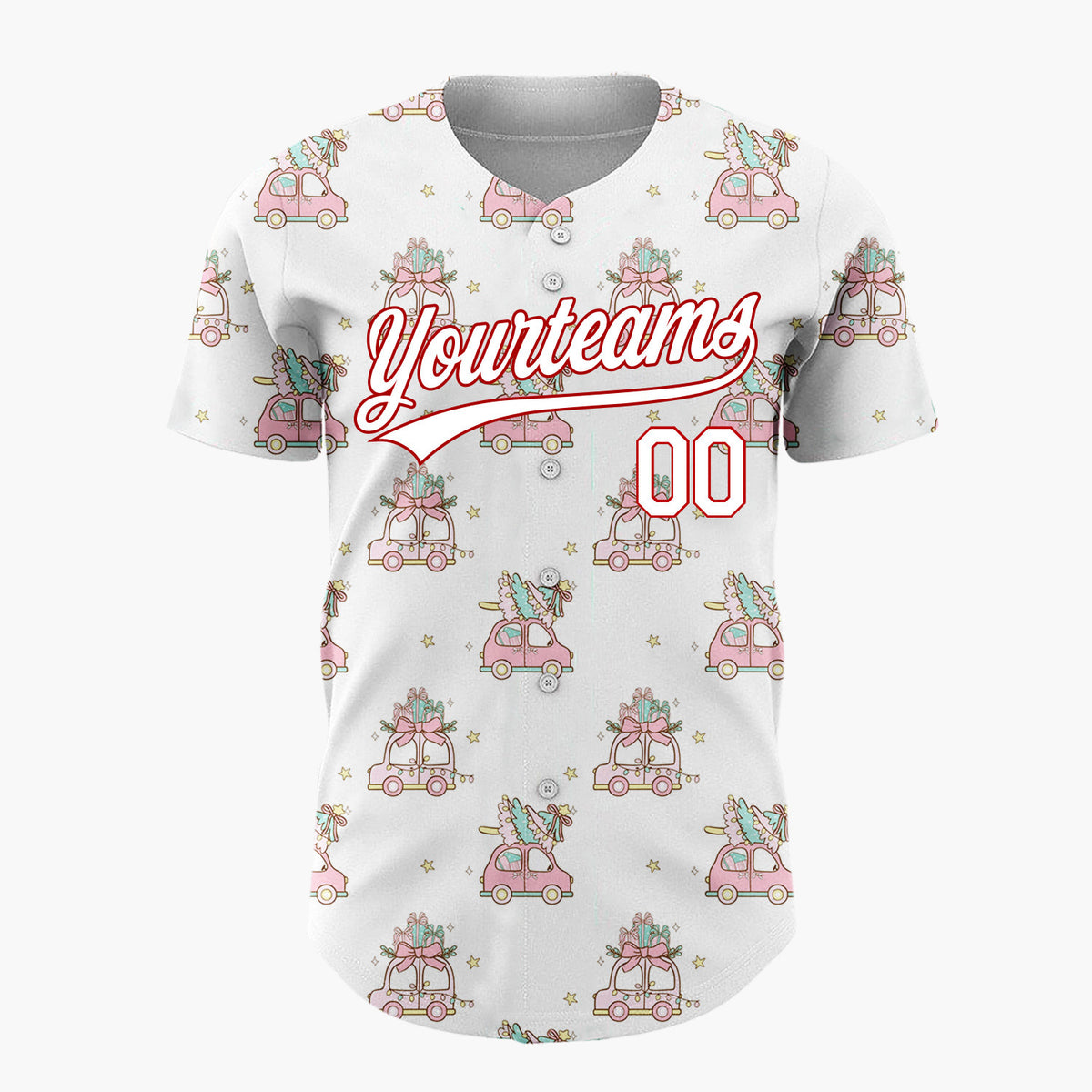Custom White Pink Vintage Cars With Christmas Trees Kawaii Pattern Christmas Baseball Jersey