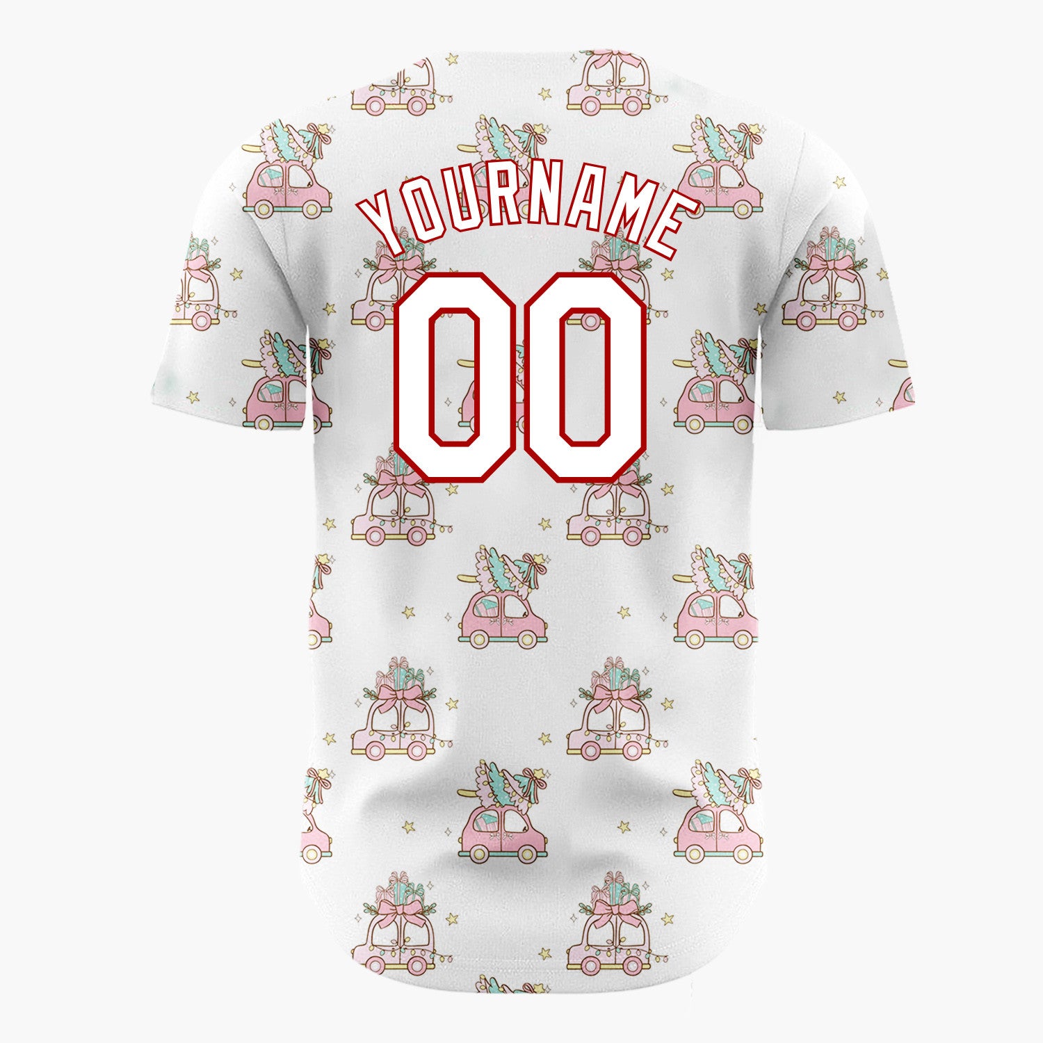 Custom White Pink Vintage Cars With Christmas Trees Kawaii Pattern Christmas Baseball Jersey