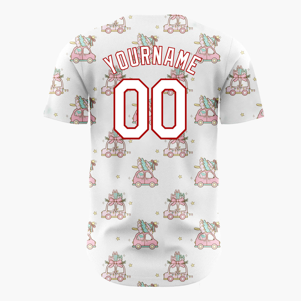 Custom White Pink Vintage Cars With Christmas Trees Kawaii Pattern Christmas Baseball Jersey
