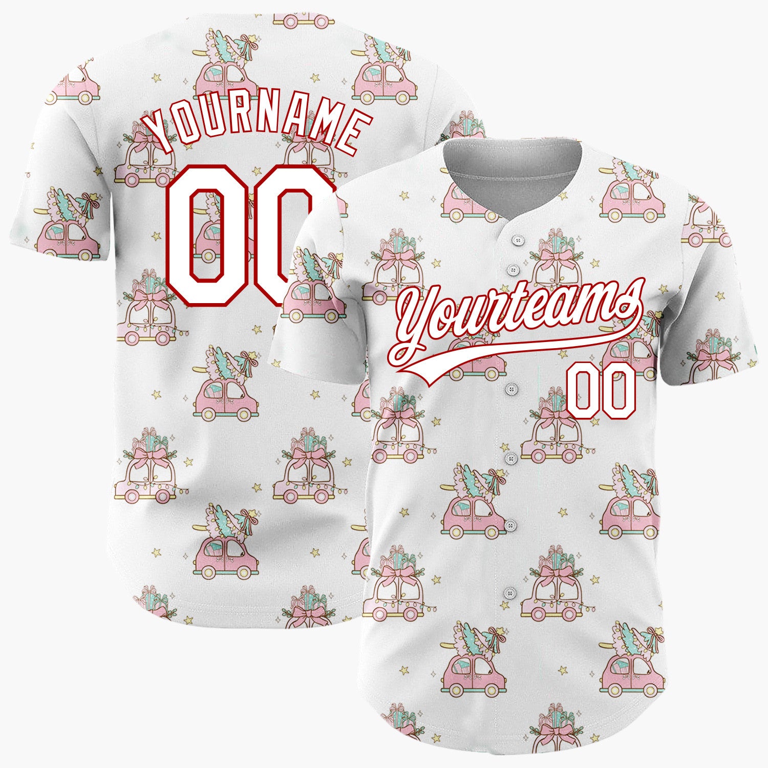Custom White Pink Vintage Cars With Christmas Trees Kawaii Pattern Christmas Baseball Jersey