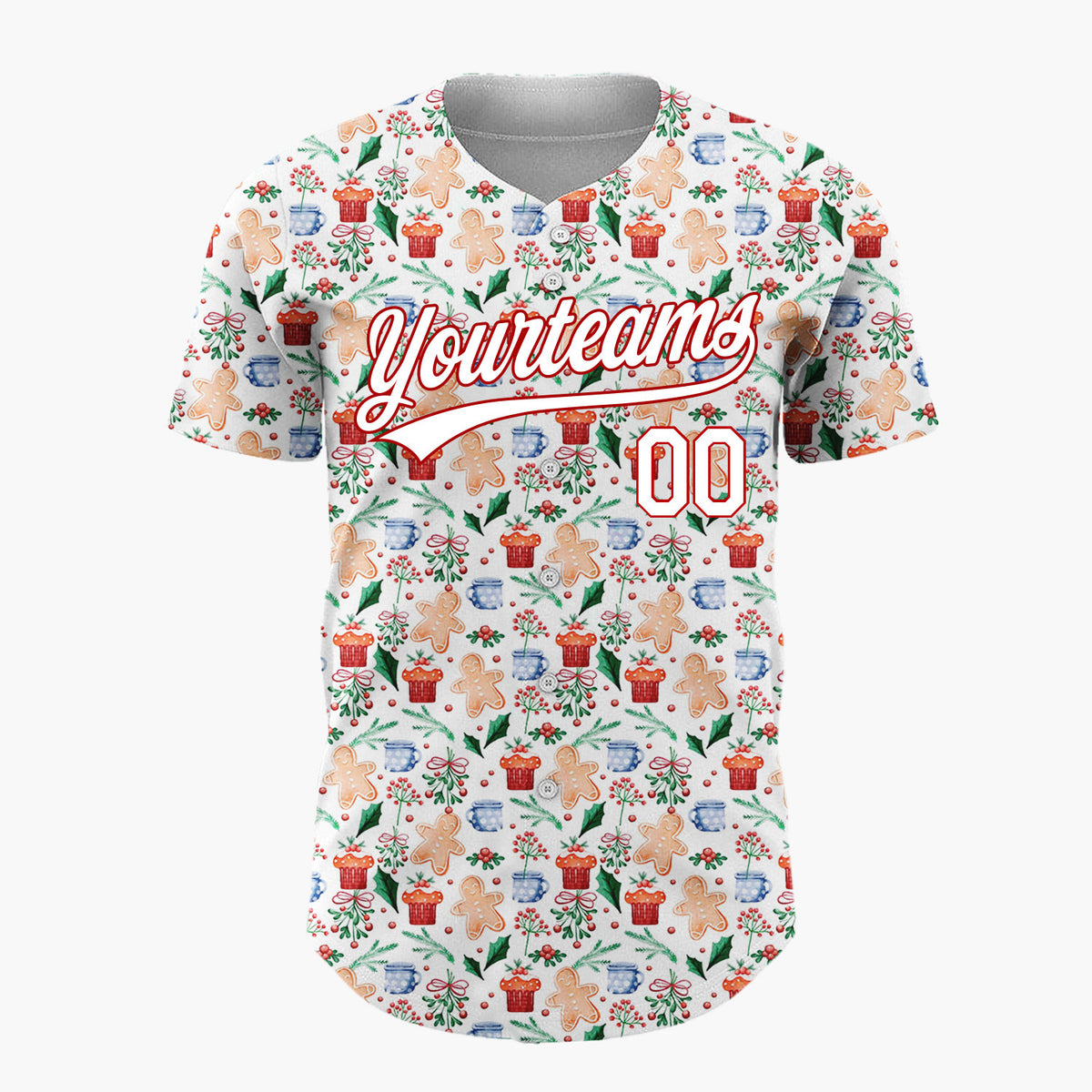 Custom White Christmas Gingerman Doodles Cartoon Pattern Christmas Baseball Jersey