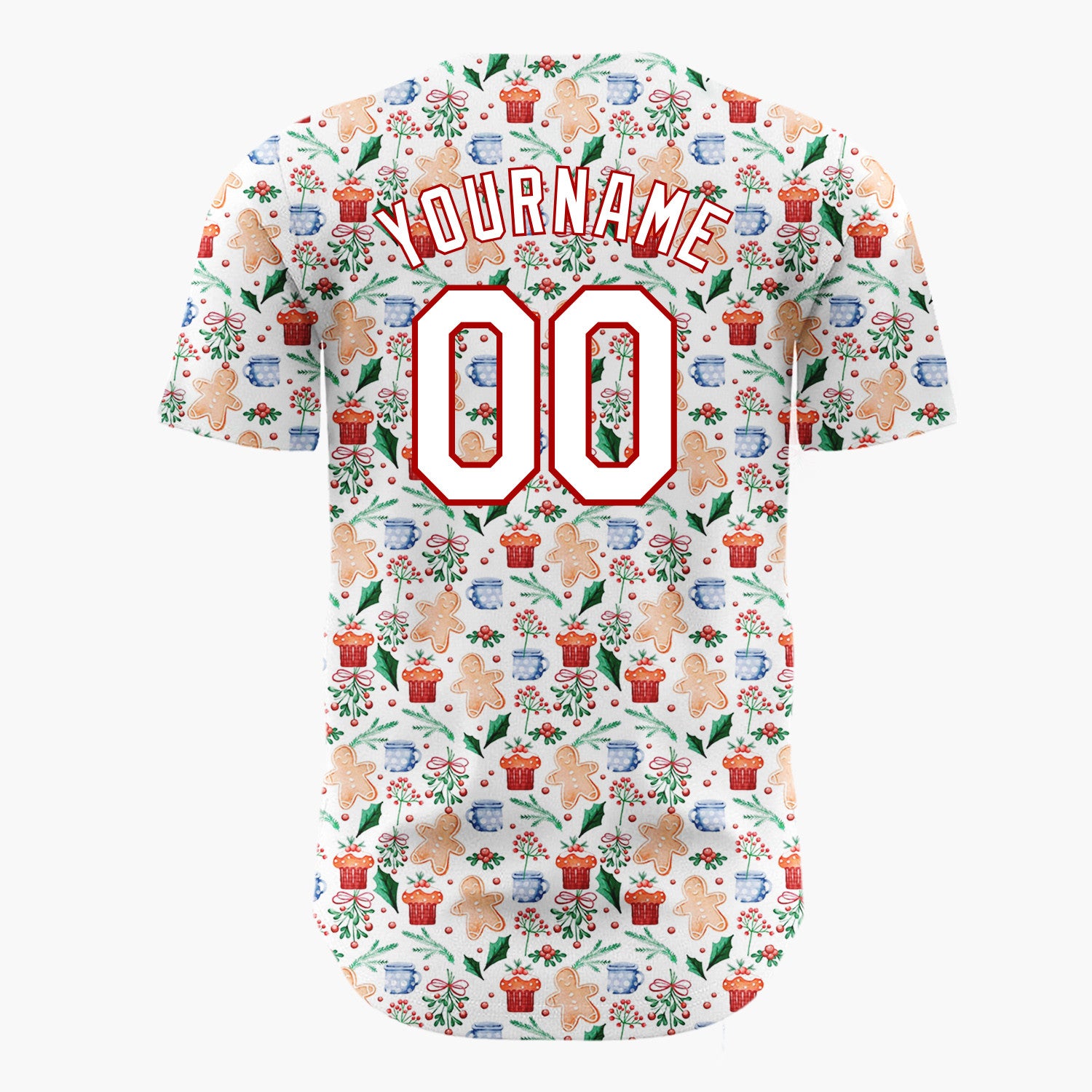 Custom White Christmas Gingerman Doodles Cartoon Pattern Christmas Baseball Jersey