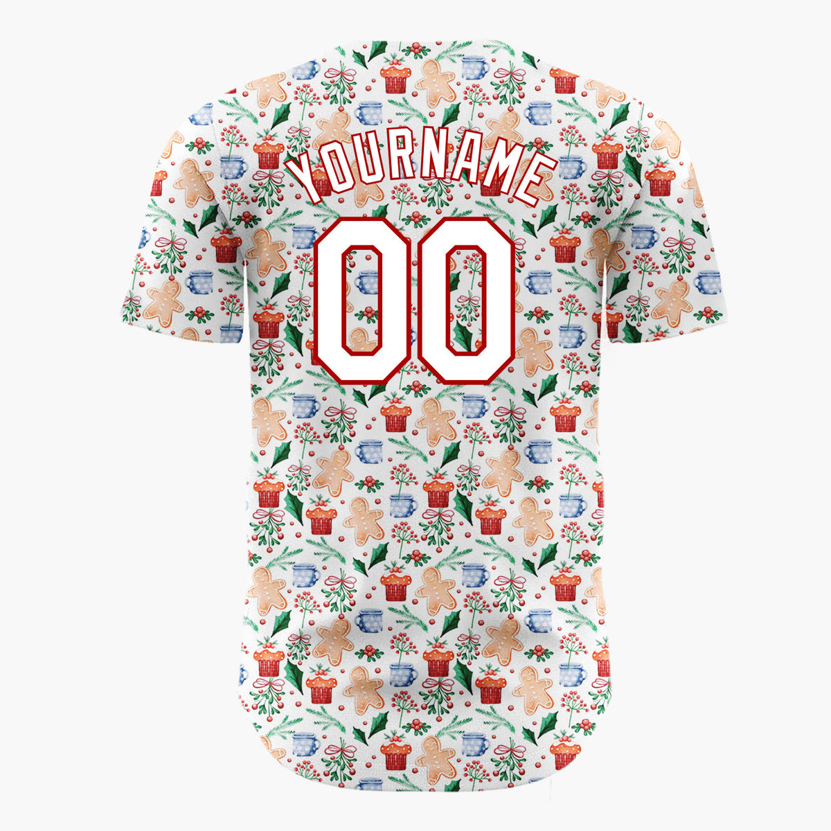 Custom White Christmas Gingerman Doodles Cartoon Pattern Christmas Baseball Jersey