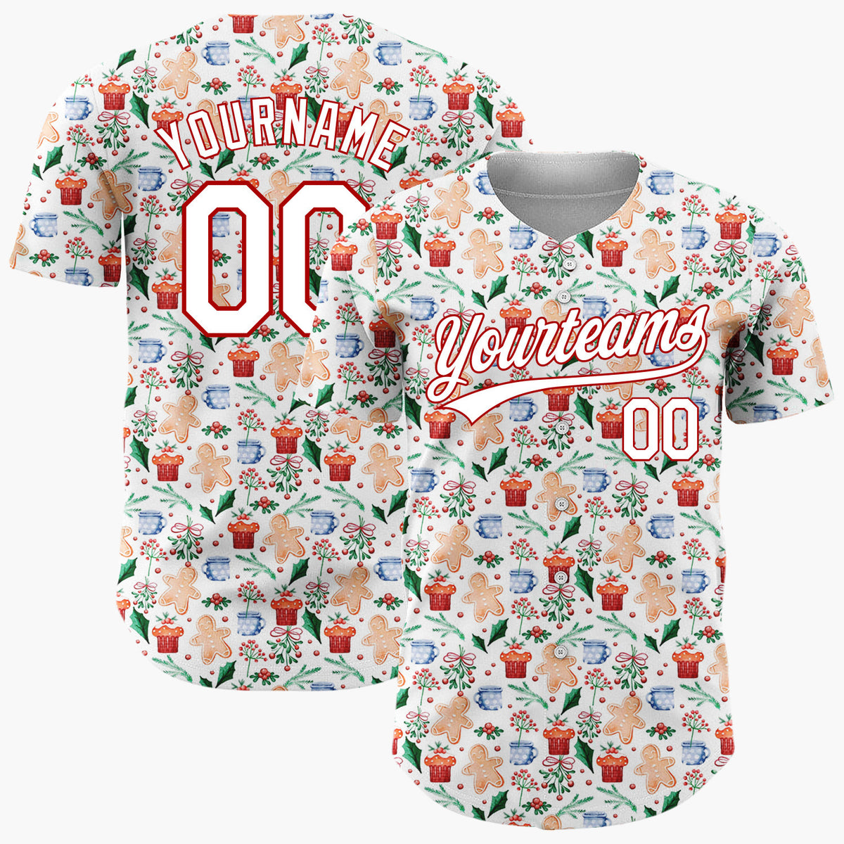 Custom White Christmas Gingerman Doodles Cartoon Pattern Christmas Baseball Jersey