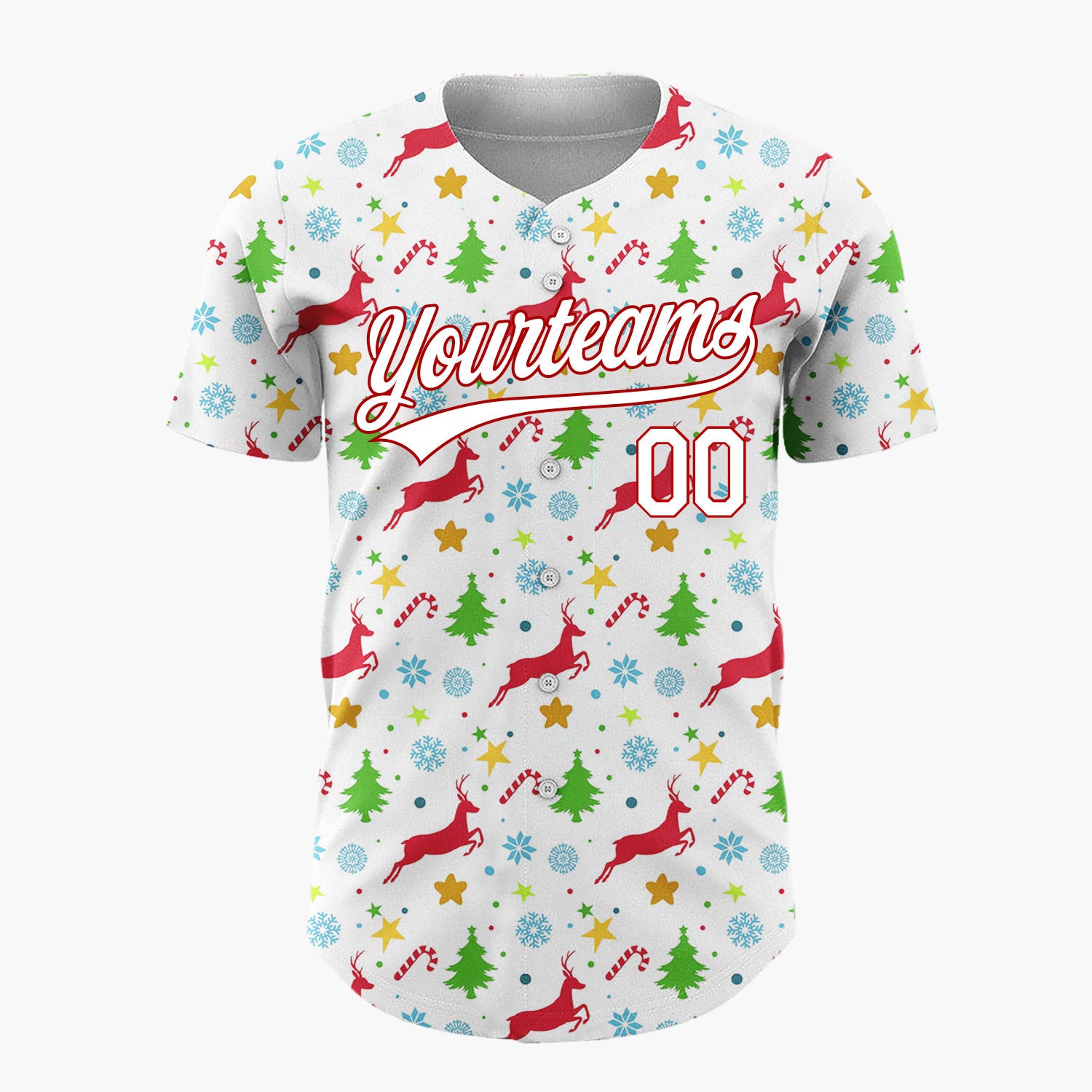 Custom White Red Green Reindeer Trees And Stars Festive Christmas Baseball Jersey