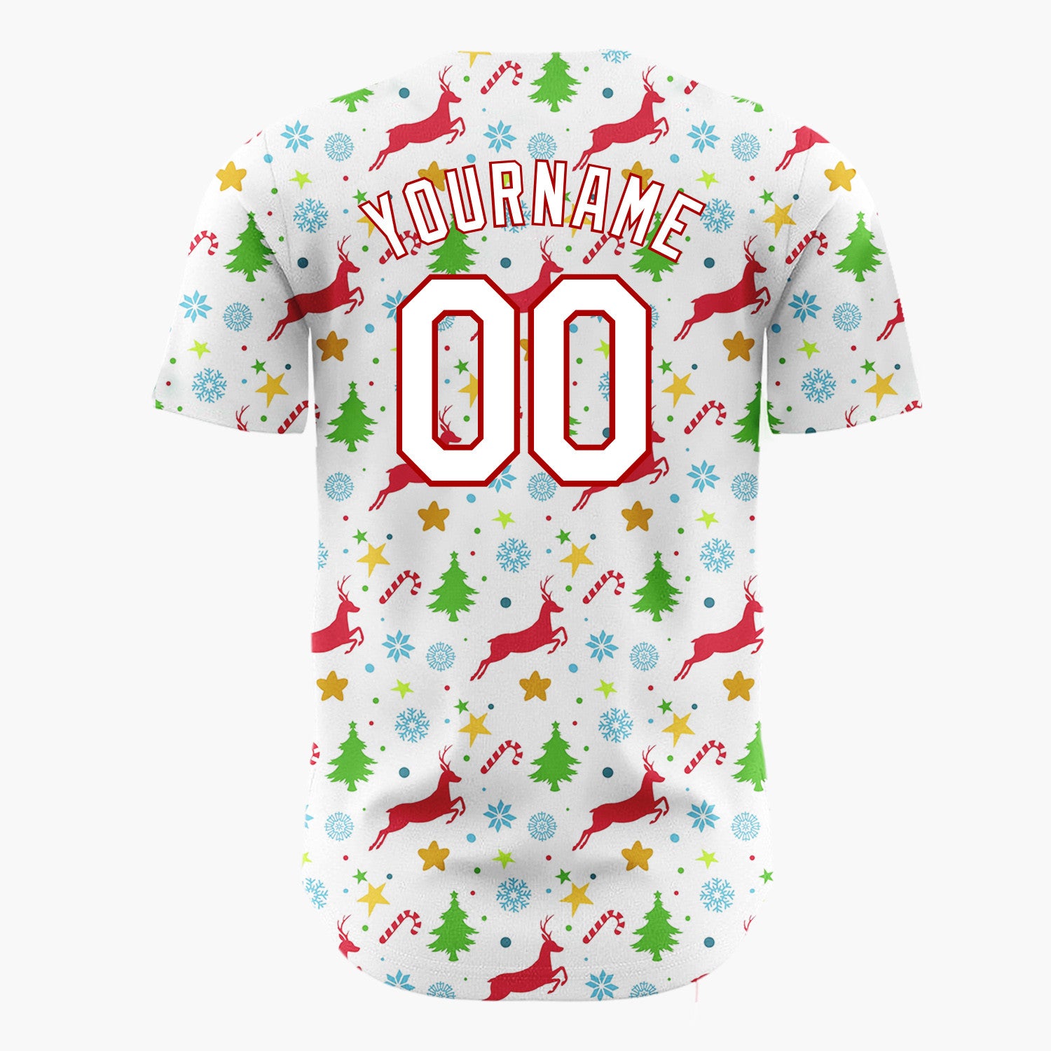 Custom White Red Green Reindeer Trees And Stars Festive Christmas Baseball Jersey