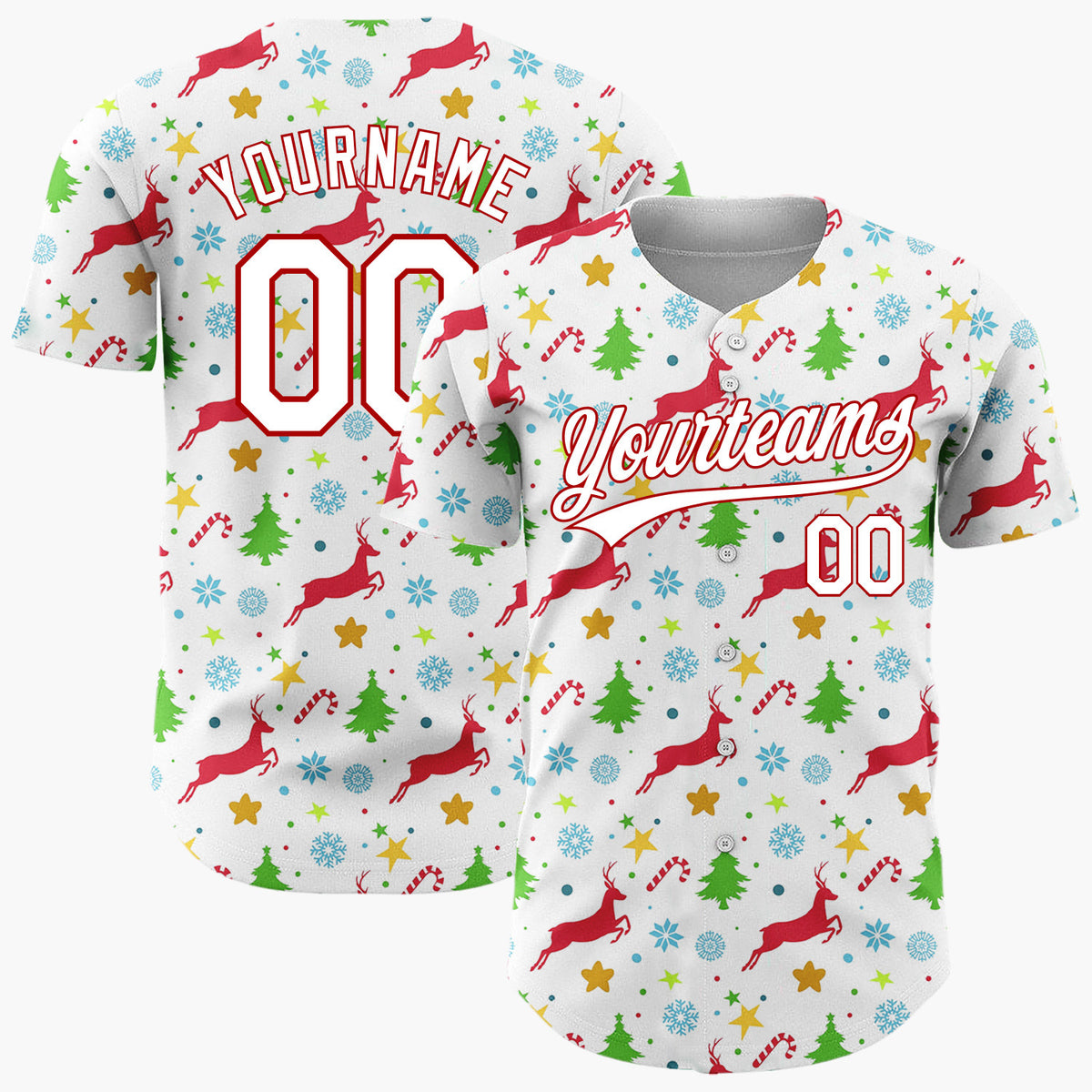 Custom White Red Green Reindeer Trees And Stars Festive Christmas Baseball Jersey