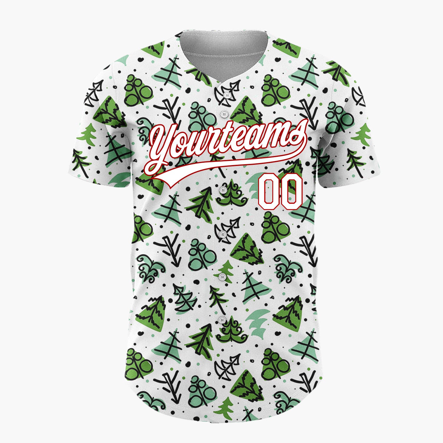 Custom White Green Christmas Tree Branch Doodle Pattern Christmas Baseball Jersey