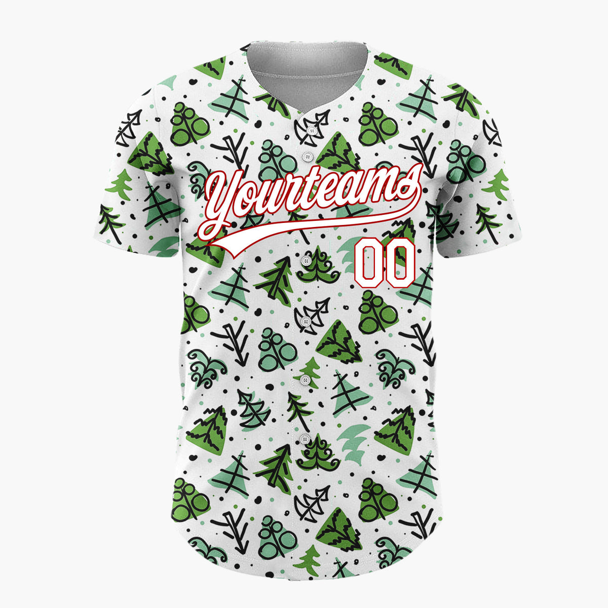 Custom White Green Christmas Tree Branch Doodle Pattern Christmas Baseball Jersey
