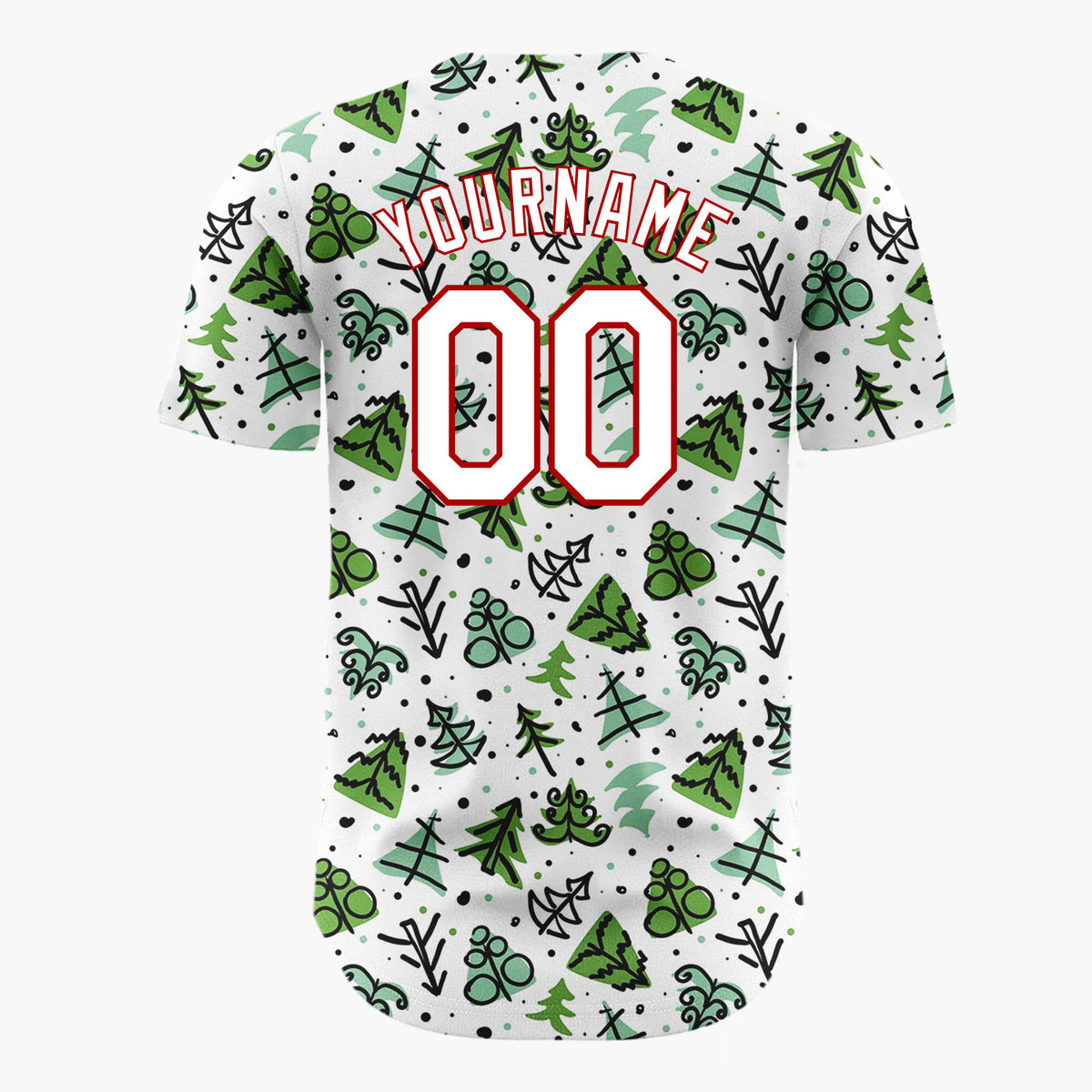 Custom White Green Christmas Tree Branch Doodle Pattern Christmas Baseball Jersey