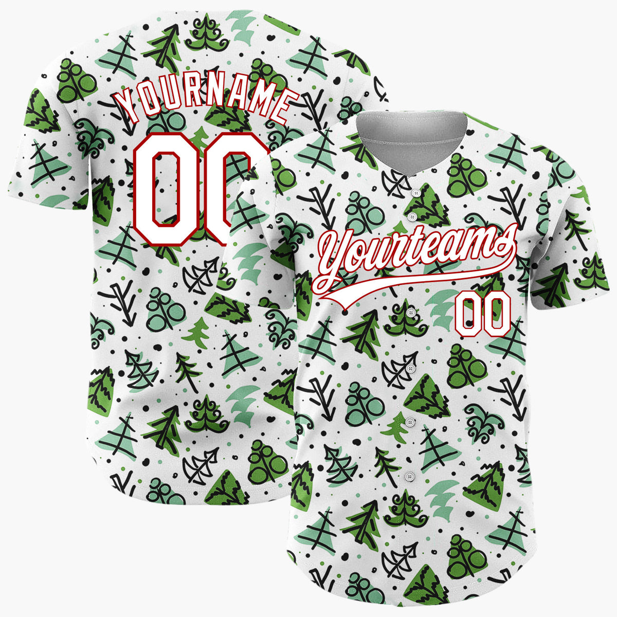 Custom White Green Christmas Tree Branch Doodle Pattern Christmas Baseball Jersey