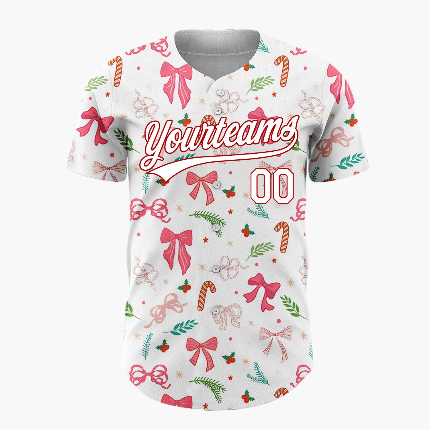 Custom White Pink Bows Holly Sprigs Whimsical Christmas Baseball Jersey