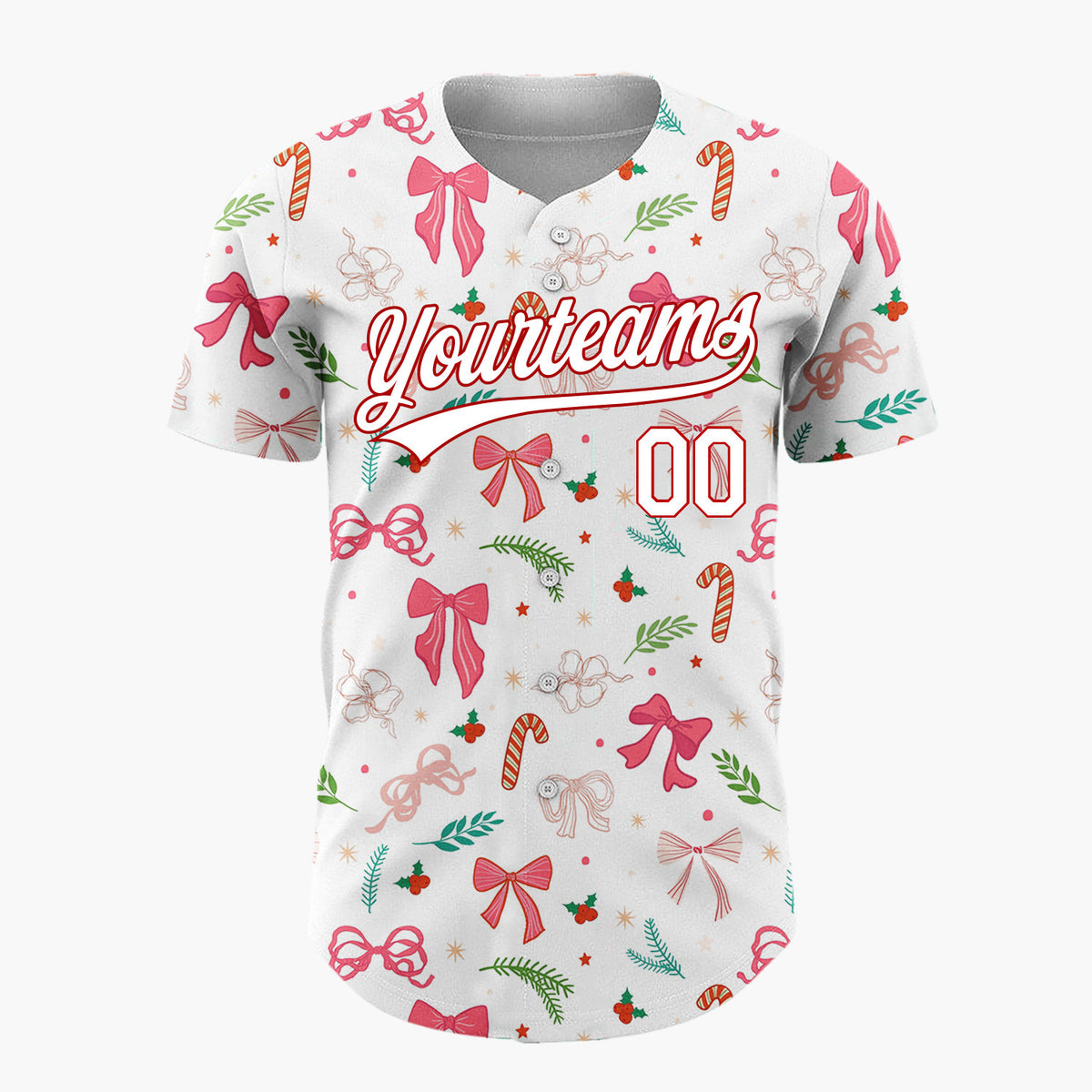 Custom White Pink Bows Holly Sprigs Whimsical Christmas Baseball Jersey