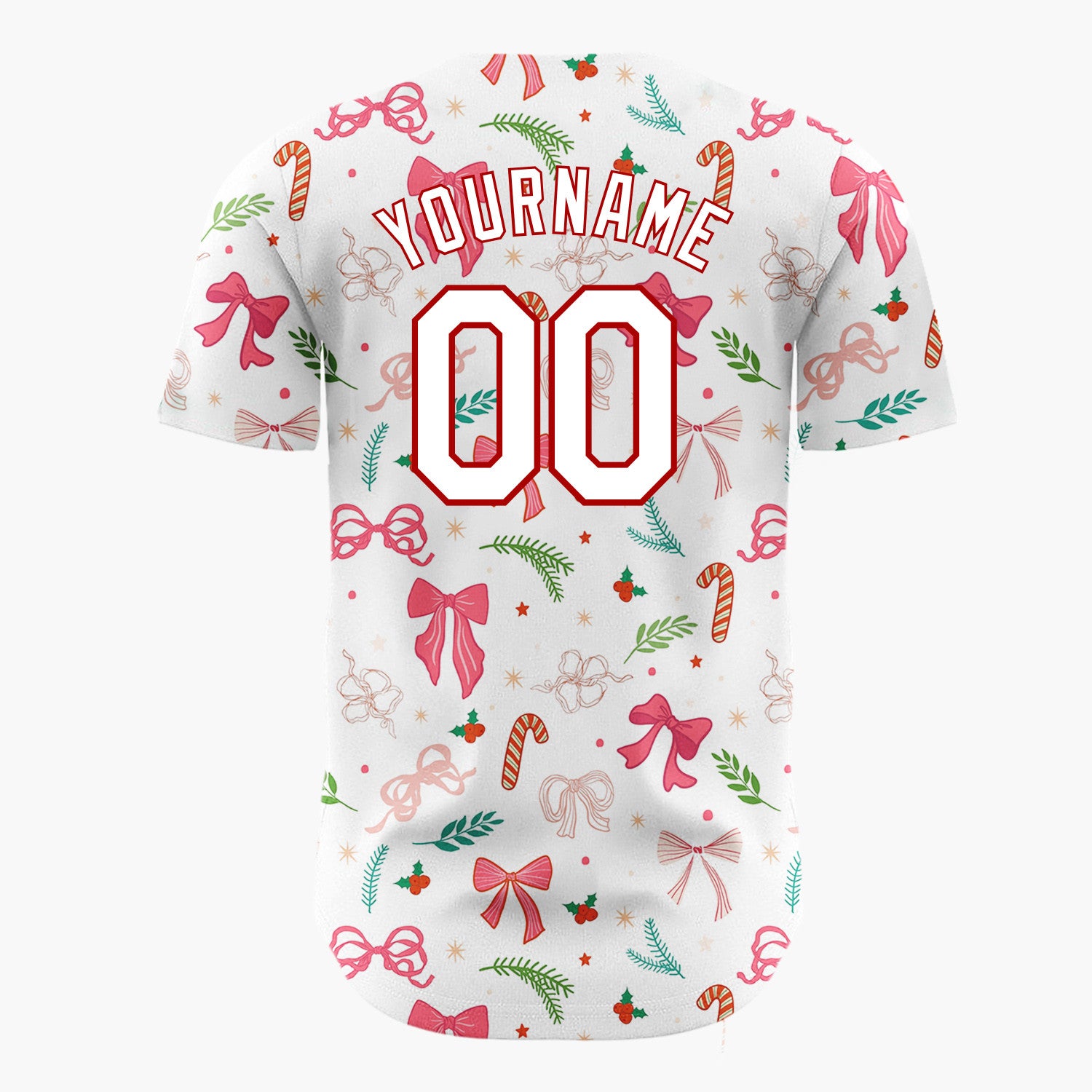 Custom White Pink Bows Holly Sprigs Whimsical Christmas Baseball Jersey