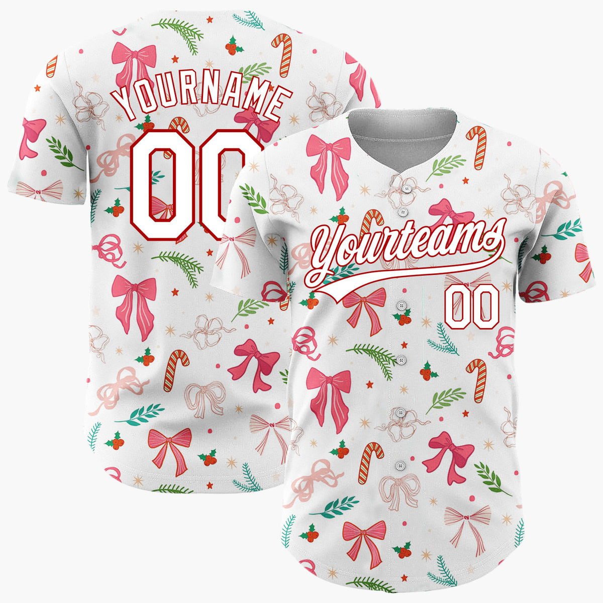 Custom White Pink Bows Holly Sprigs Whimsical Christmas Baseball Jersey