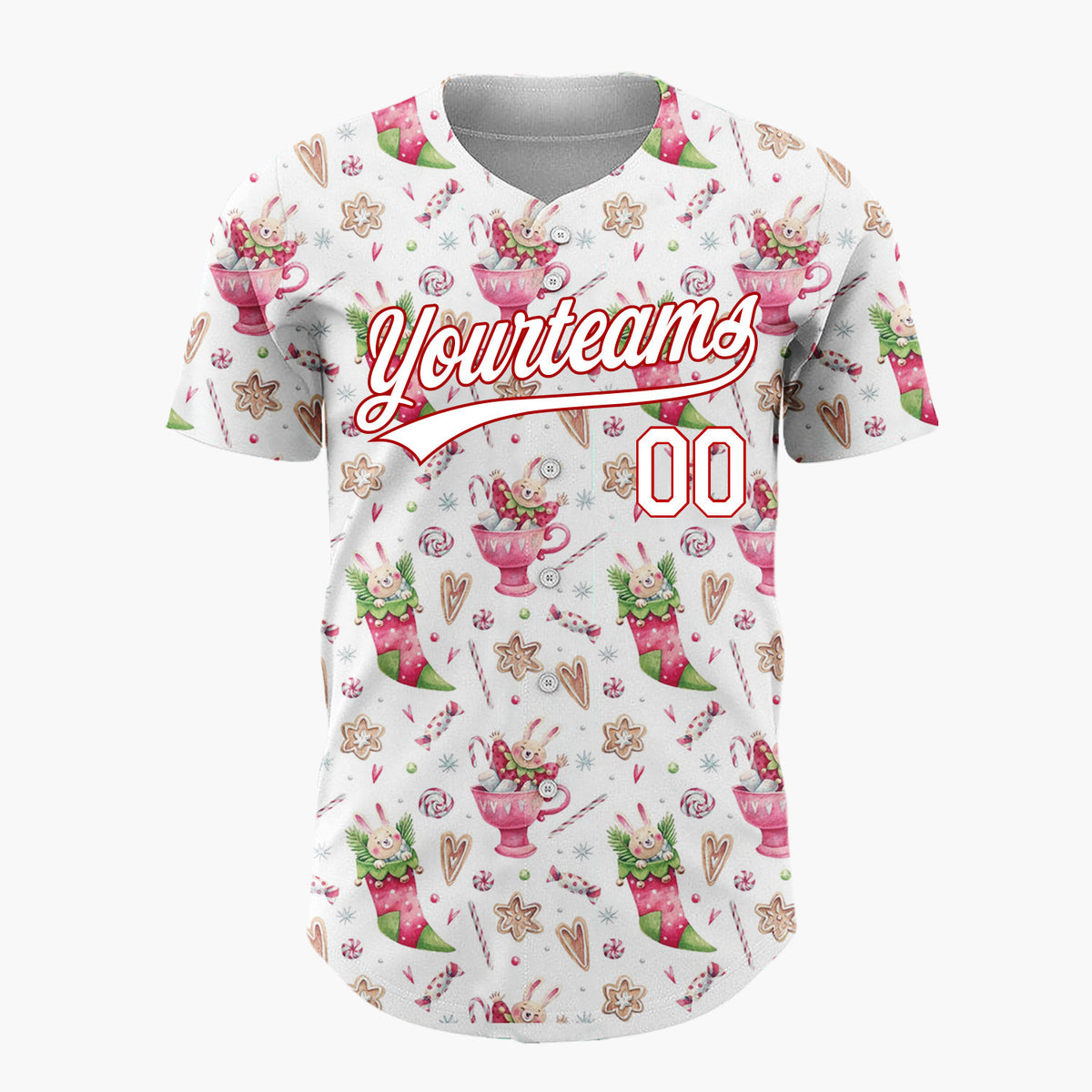 Custom White Pink Bunnies Stockings And Candy Sweet Christmas Baseball Jersey