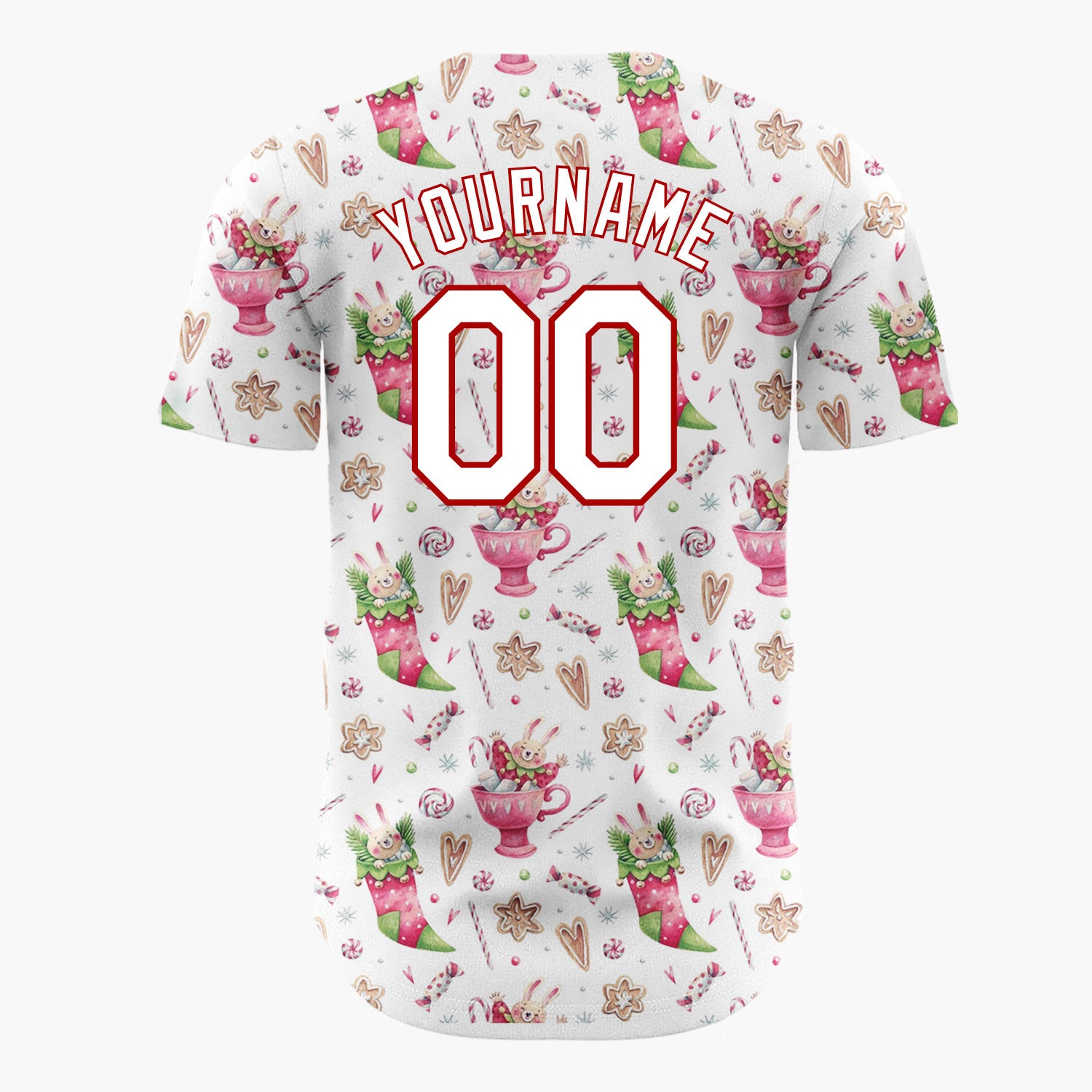 Custom White Pink Bunnies Stockings And Candy Sweet Christmas Baseball Jersey
