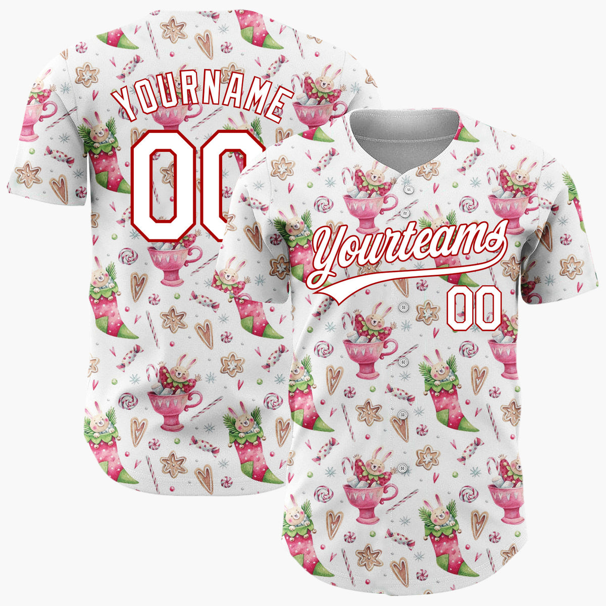 Custom White Pink Bunnies Stockings And Candy Sweet Christmas Baseball Jersey