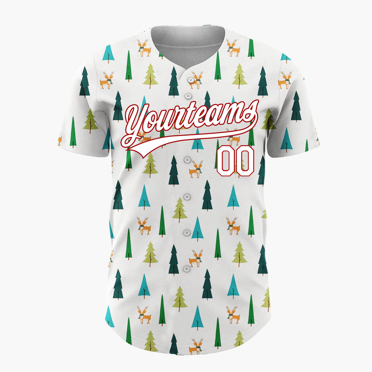 Custom White Green Reindeers And Trees Scandinavian Christmas Baseball Jersey
