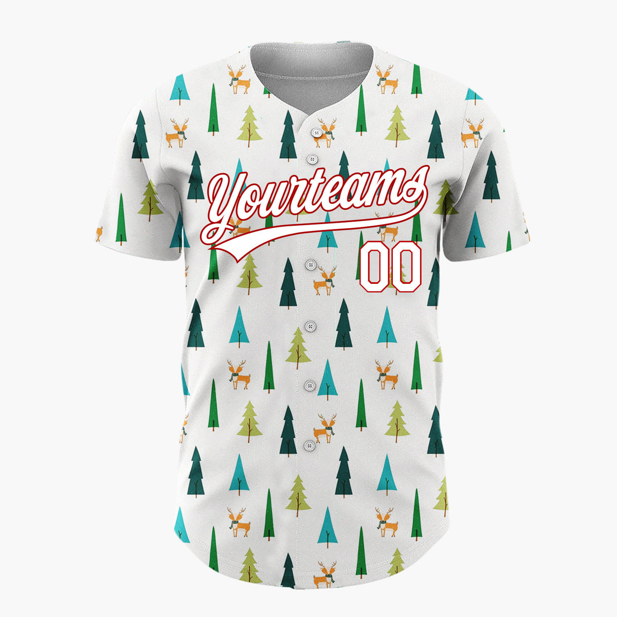 Custom White Green Reindeers And Trees Scandinavian Christmas Baseball Jersey