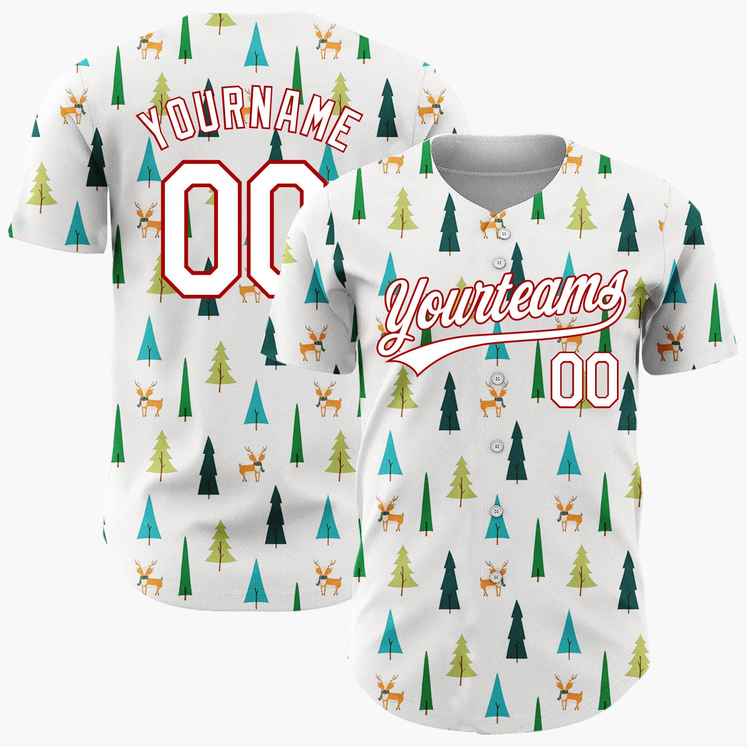Custom White Green Reindeers And Trees Scandinavian Christmas Baseball Jersey