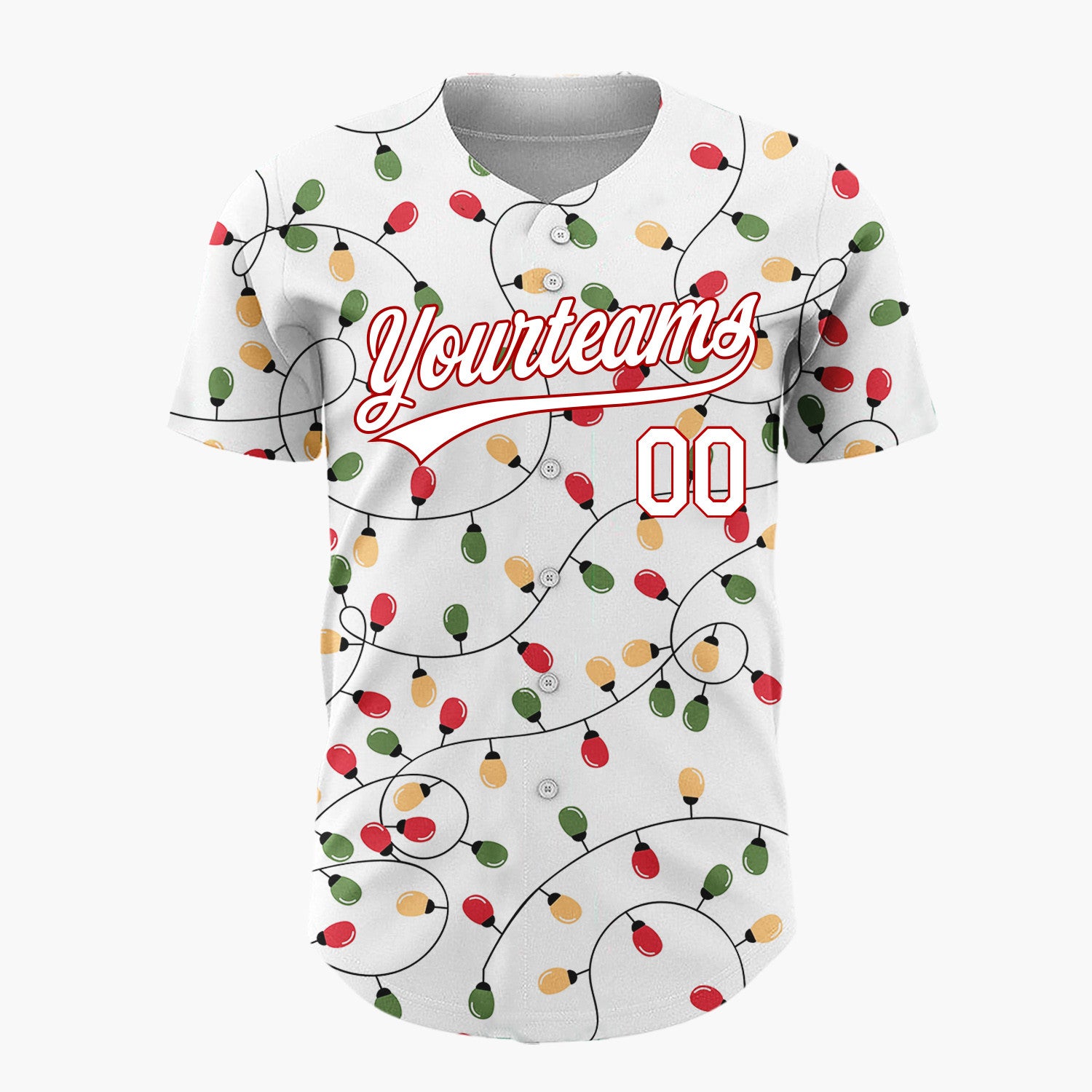 Custom White Red Green Orange Christmas Lights Loose String Pattern Christmas Baseball Jersey